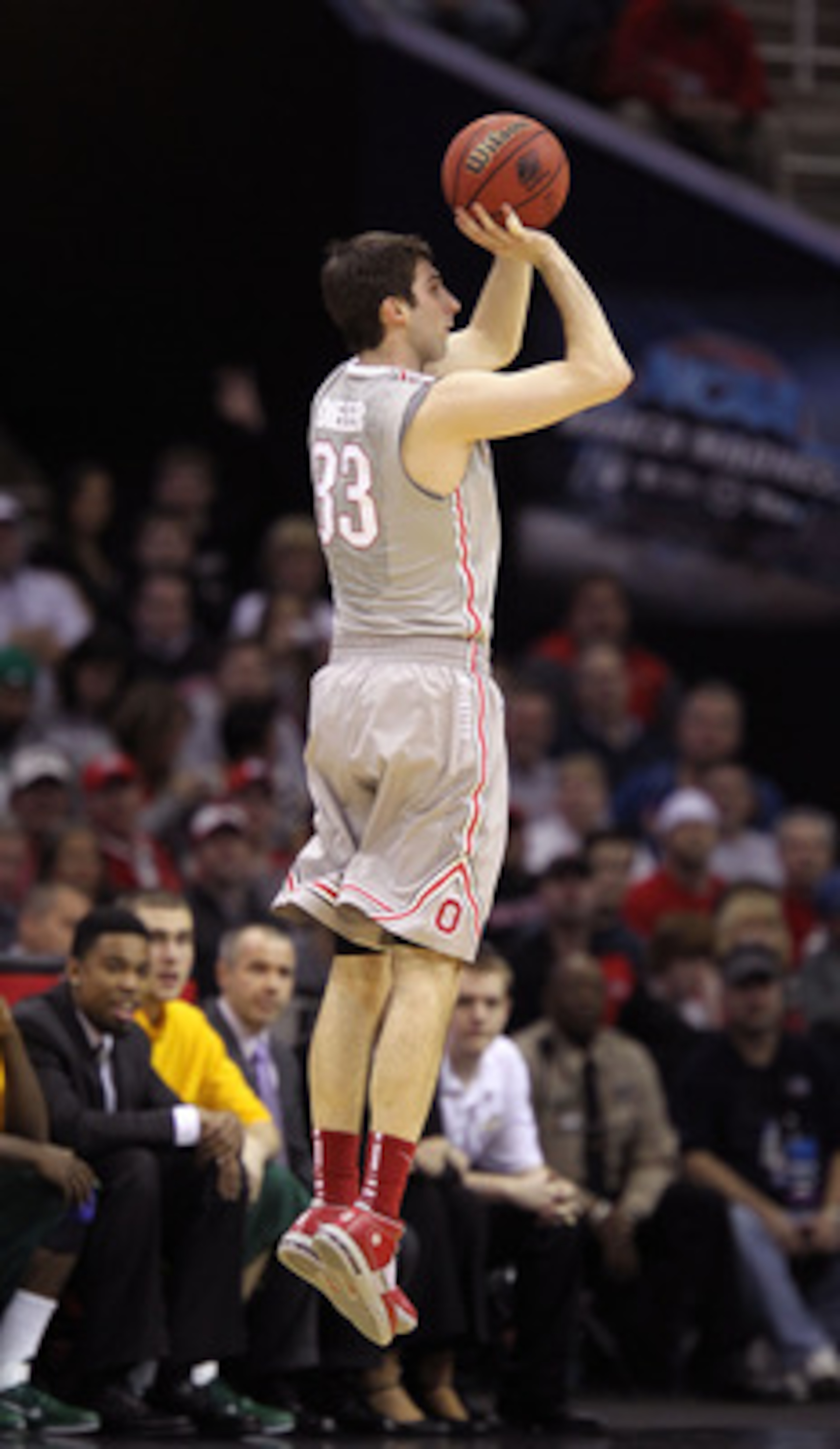 CLEVELAND, OH - MARCH 20: Jon Diebler #33 of the Ohio State Buckeyes shoots against the George Mason Patriots during the third of the 2011 NCAA men's basketball tournament at Quicken Loans Arena on March 20, 2011 in Cleveland, Ohio.  (Photo by Andy Lyons/