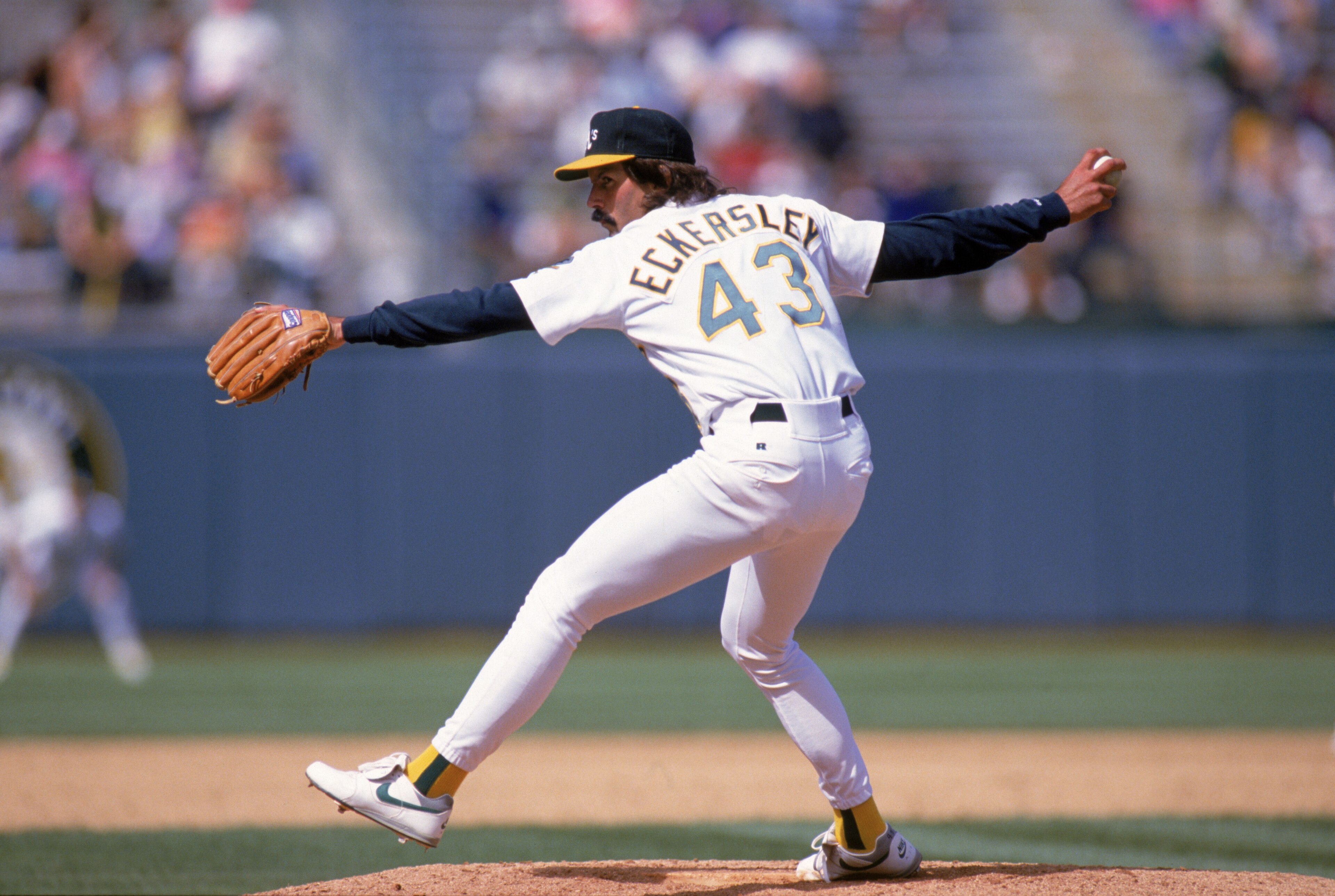 OAKLAND, CA - APRIL 25: Pitcher Dennis Eckersley #43 of the Oakland Athletics delivers against the Cleveland Indians during the game at the Oakland-Alameda County Coliseum on April 25, 1993 in Oakland, California. (Photo by Otto Greule Jr/Getty Images) OAKLAND, CA - APRIL 25: Pitcher Dennis Eckersley #43 of the Oakland Athletics delivers against the Cleveland Indians during the game at the Oakland-Alameda County Coliseum on April 25, 1993 in Oakland, California. (Photo by Otto Greule Jr/Getty Images)