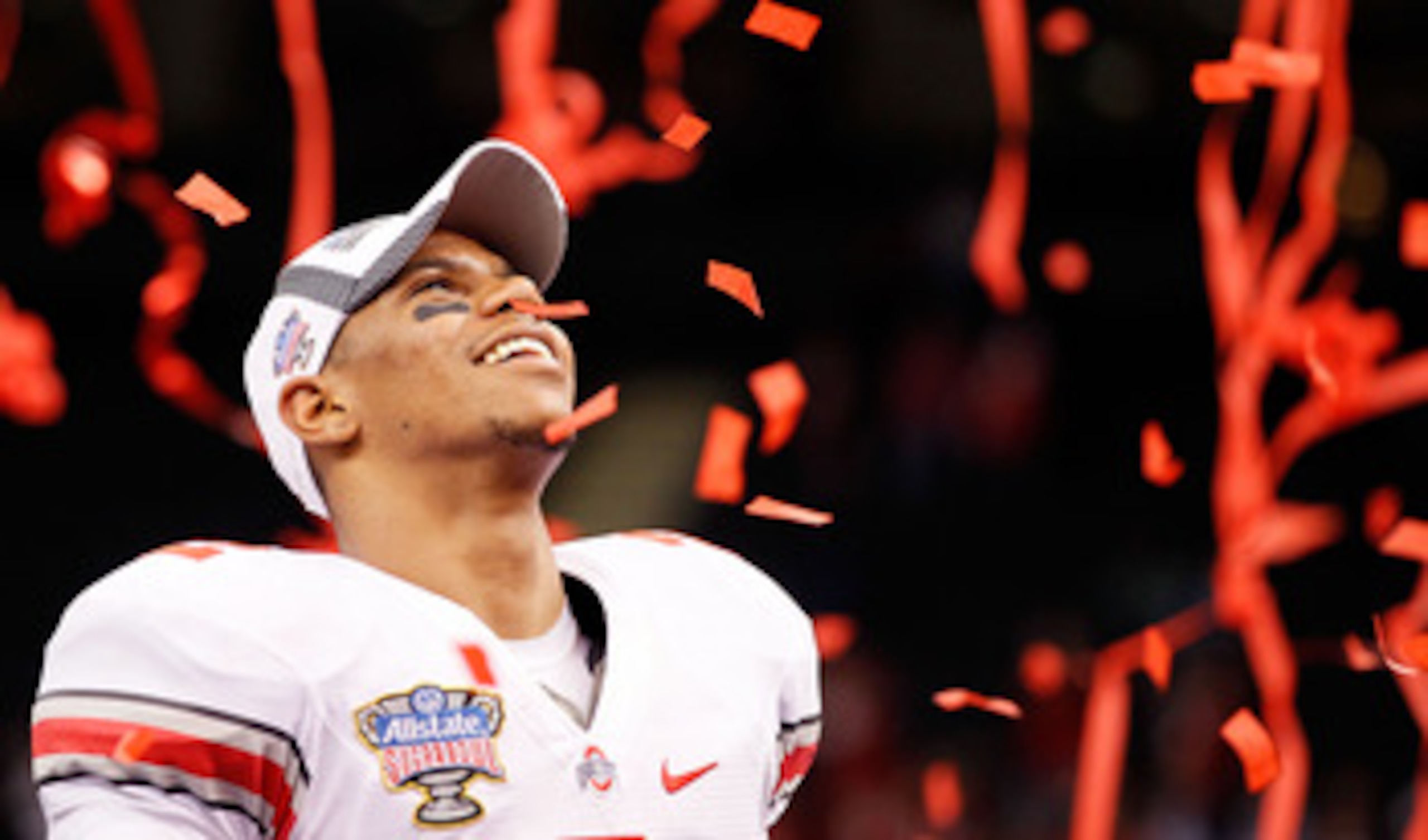 NEW ORLEANS, LA - JANUARY 04:  Terrelle Pryor #2 of the Ohio State Buckeyes celebrates the Buckeyes 31-26 victory against the Arkansas Razorbacks during the Allstate Sugar Bowl at the Louisiana Superdome on January 4, 2011 in New Orleans, Louisiana.  (Pho