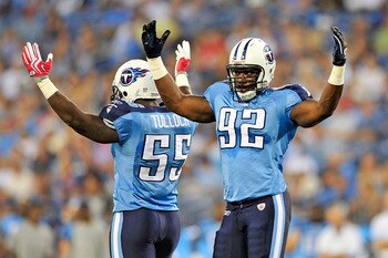 NASHVILLE, TN - SEPTEMBER 02:  Stephen Tulloch #55 and Will Witherspoon #92 of the Tennessee Titans amp up the crowd during an exhibition game against the New Orleans Saints at LP Field on September 2, 2010 in Nashville, Tennessee.  (Photo by Grant Halver