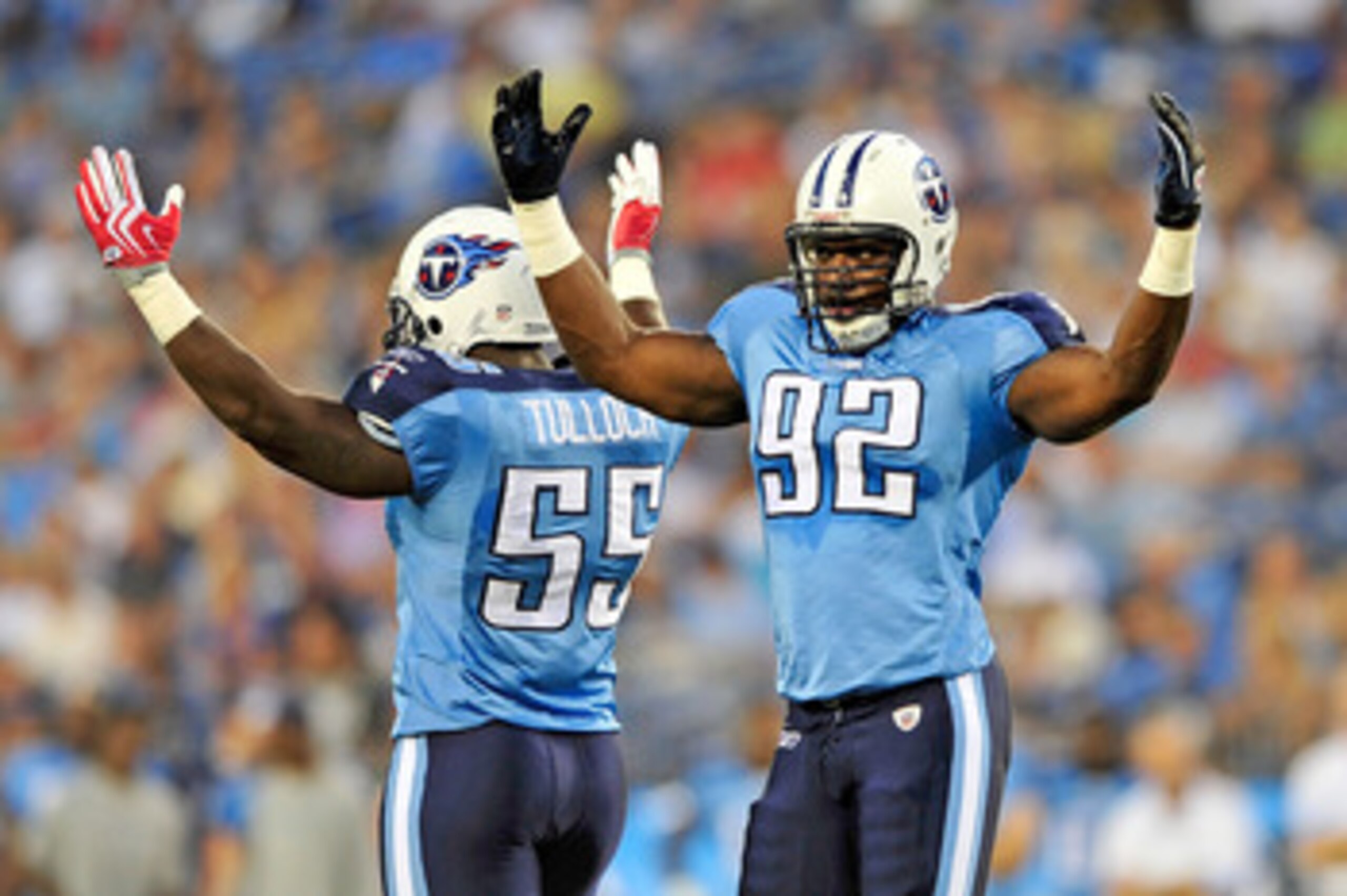 NASHVILLE, TN - SEPTEMBER 02: Stephen Tulloch #55 and Will Witherspoon #92 of the Tennessee Titans amp up the crowd during an exhibition game against the New Orleans Saints at LP Field on September 2, 2010 in Nashville, Tennessee. (Photo by Grant Halver NASHVILLE, TN - SEPTEMBER 02: Stephen Tulloch #55 and Will Witherspoon #92 of the Tennessee Titans amp up the crowd during an exhibition game against the New Orleans Saints at LP Field on September 2, 2010 in Nashville, Tennessee. (Photo by Grant Halver