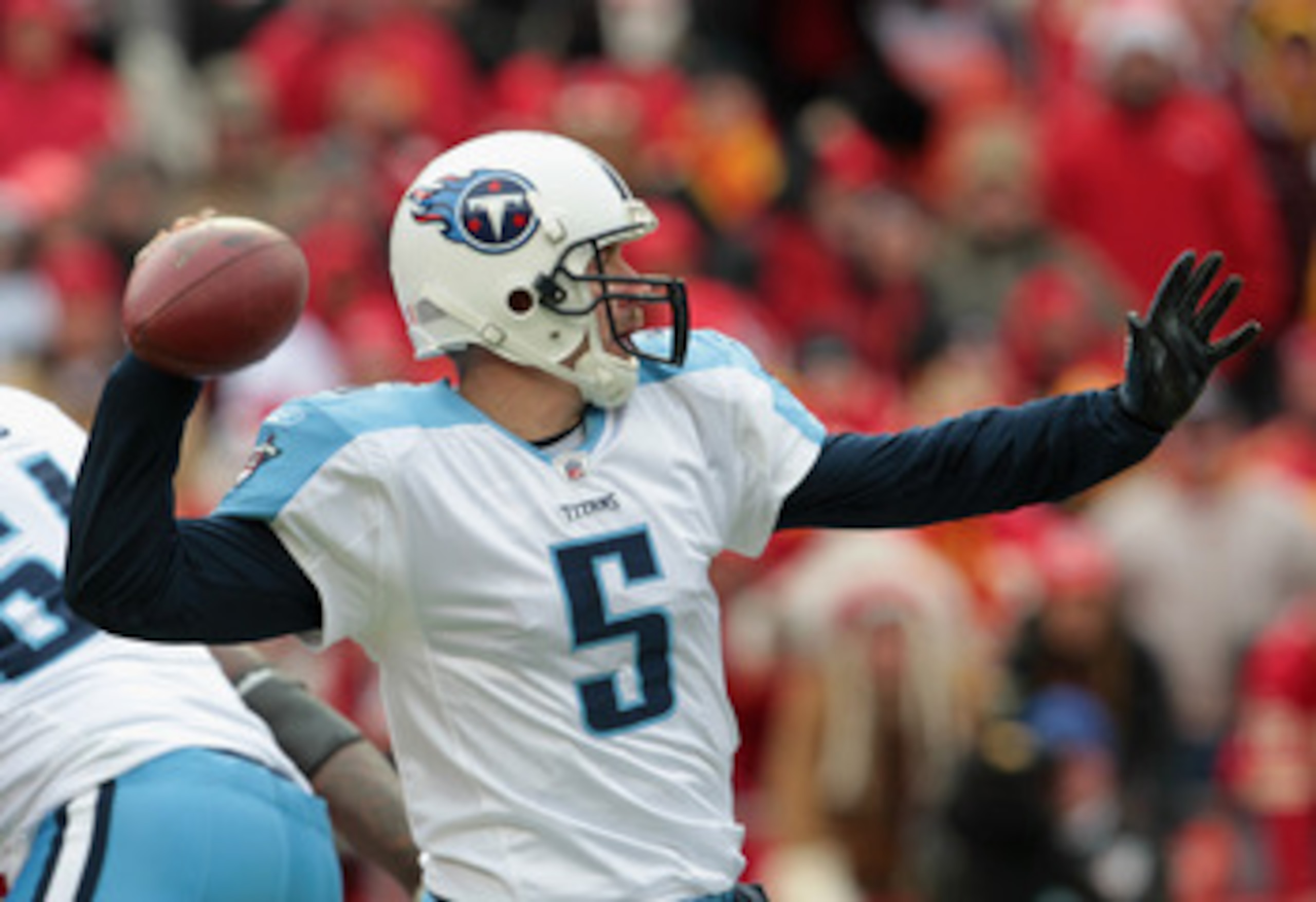 KANSAS CITY, MO - DECEMBER 26: Quarterback Kerry Collins #5 of the Tennessee Titans in action during the game against the Kansas City Chiefs on December 26, 2010 at Arrowhead Stadium in Kansas City, Missouri. (Photo by Jamie Squire/Getty Images) KANSAS CITY, MO - DECEMBER 26: Quarterback Kerry Collins #5 of the Tennessee Titans in action during the game against the Kansas City Chiefs on December 26, 2010 at Arrowhead Stadium in Kansas City, Missouri. (Photo by Jamie Squire/Getty Images)