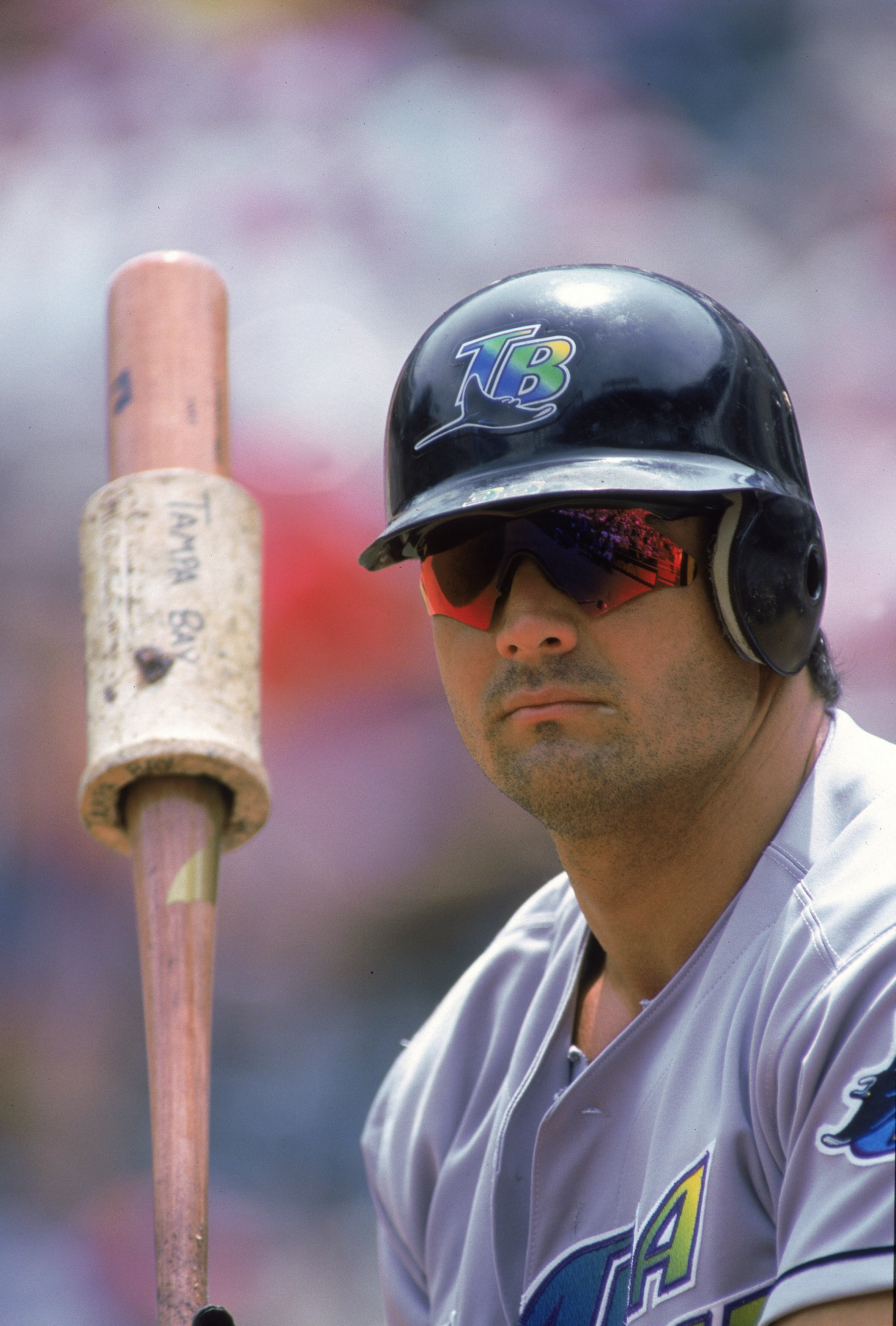 17 May 2000: Jose Canseco #33 of the Tampa Bay Devil Rays waits to go to bat during a game against the Texas Rangers at The Ball Park in Arlington, Texas. The Rangers defeated the Devil Rays 11-6.Mandatory Credit: Chris Covatta  /Allsport
