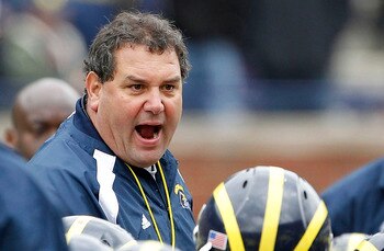 ANN ARBOR, MI - APRIL 16: Head football coach Brady Hoke talks with his team during the annual Spring Game at Michigan Stadium on April 16, 2011 in Ann Arbor, Michigan. (Photo by Leon Halip/Getty Images) ANN ARBOR, MI - APRIL 16: Head football coach Brady Hoke talks with his team during the annual Spring Game at Michigan Stadium on April 16, 2011 in Ann Arbor, Michigan. (Photo by Leon Halip/Getty Images)