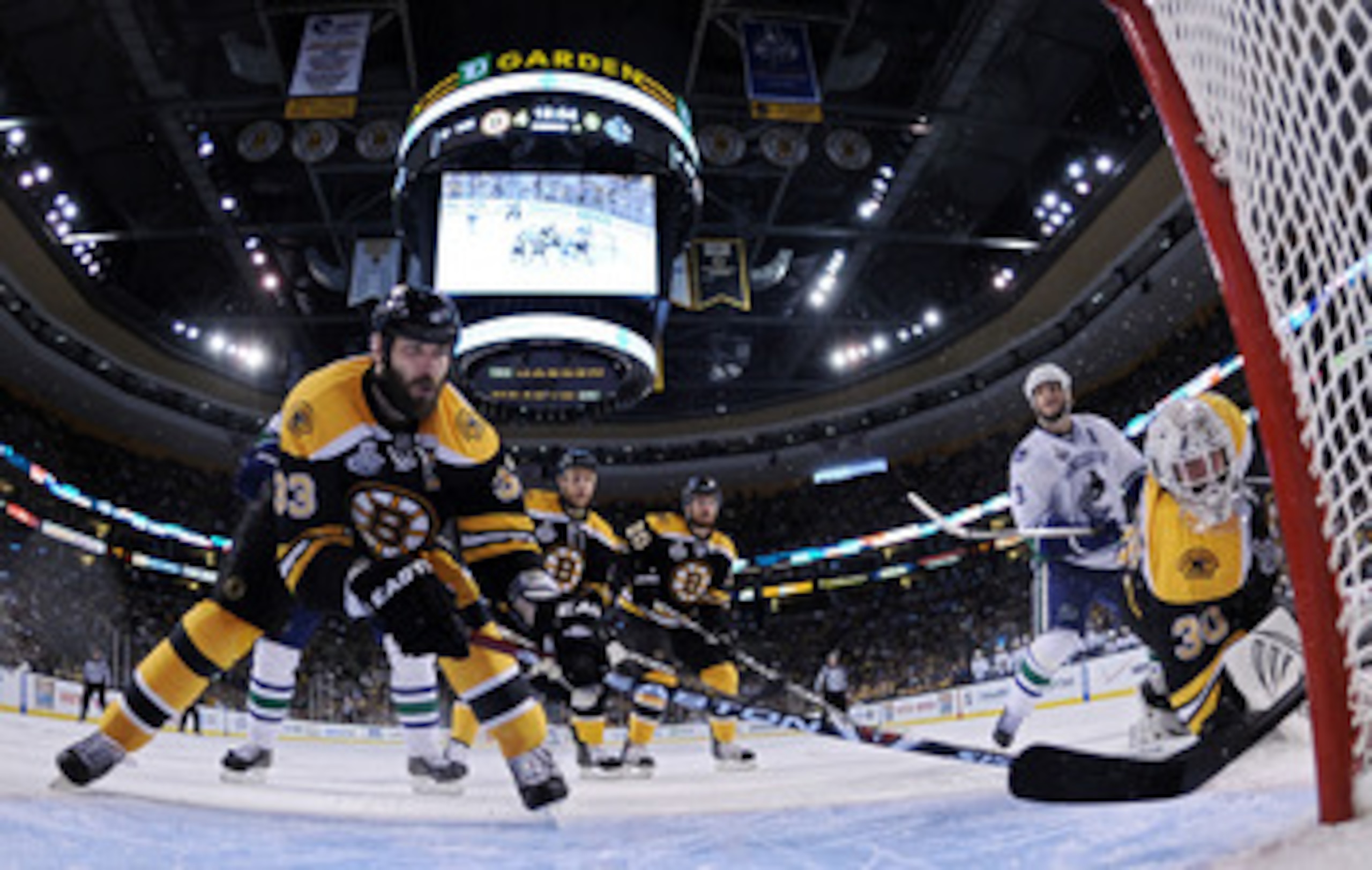 BOSTON, MA - JUNE 13:  Zdeno Chara #33 and Tim Thomas #30 of the Boston Bruins defends the net against the Vancouver Canucks during Game Six of the 2011 NHL Stanley Cup Final at TD Garden on June 13, 2011 in Boston, Massachusetts.  (Photo by Elsa/Getty Im