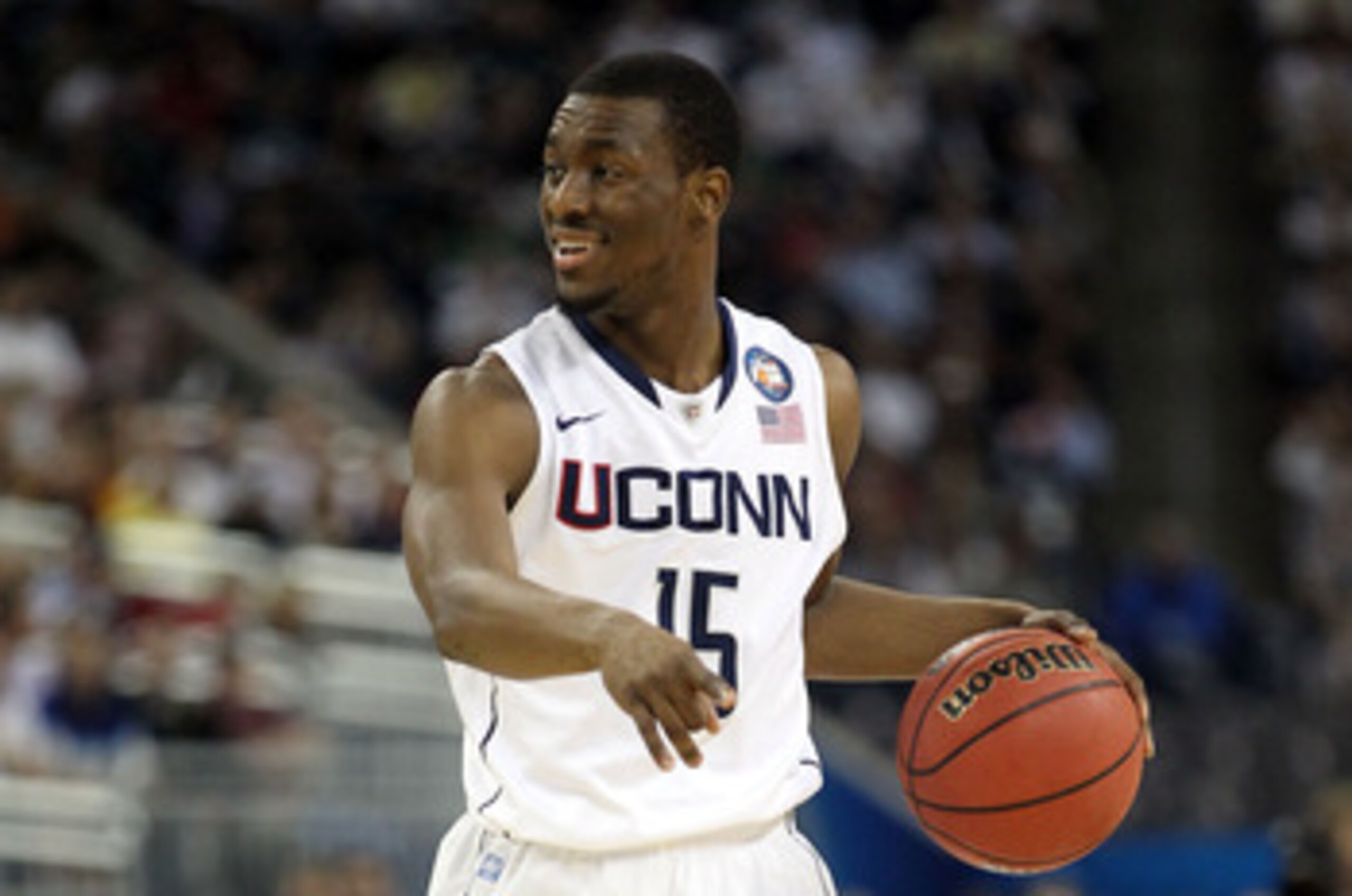 HOUSTON, TX - APRIL 04:  Kemba Walker #15 of the Connecticut Huskies handles the ball against the Butler Bulldogs during the National Championship Game of the 2011 NCAA Division I Men's Basketball Tournament at Reliant Stadium on April 4, 2011 in Houston,