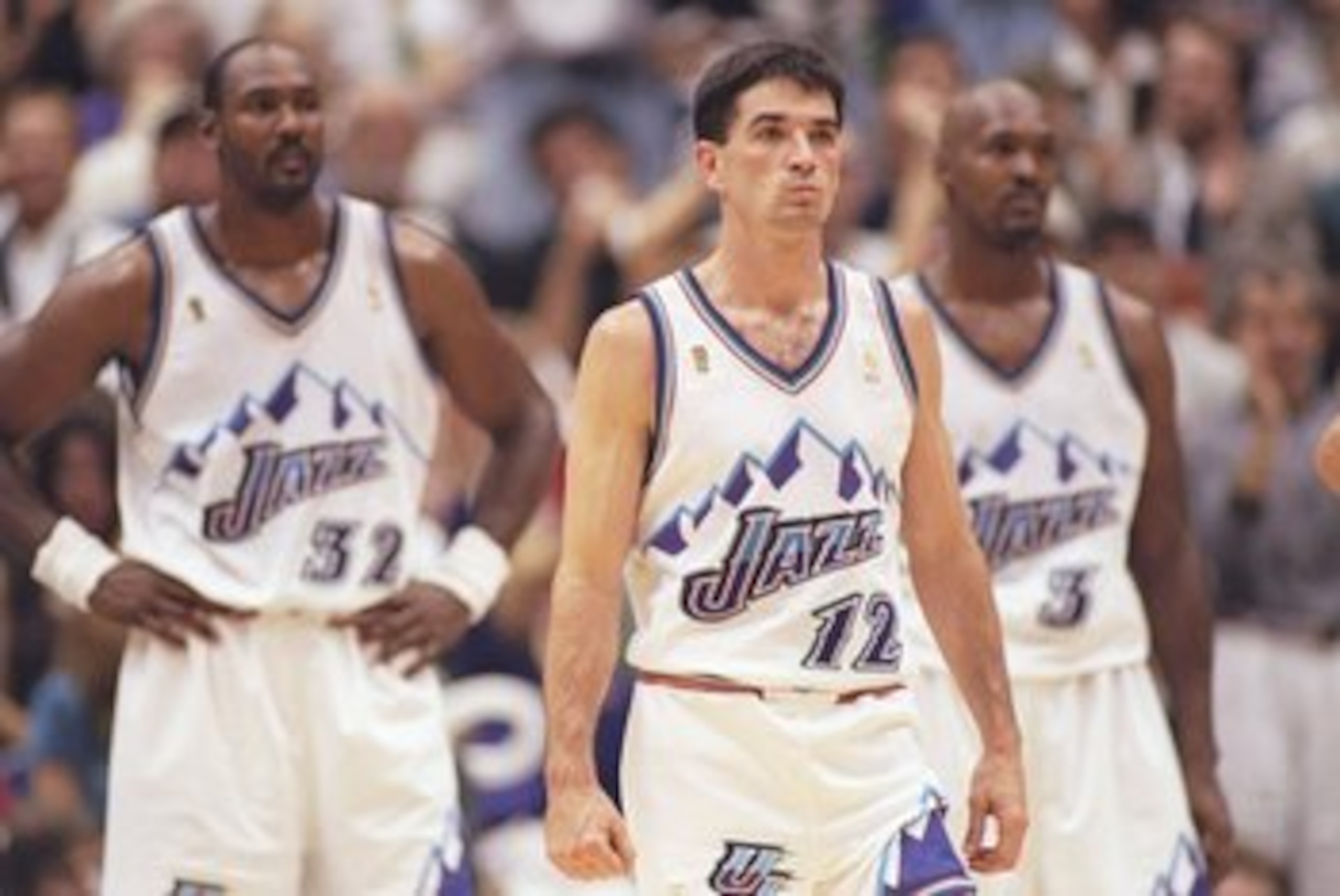 8 Jun 1997:  John Stockton #12, Karl Malone #32 and Bryon Russell #3 of the Utah Jazz during the Jazz 78-73 win over the Chicago Bulls in Game 4 of the NBA Finals at the Delta Center in Salt Lake City, Utah. Mandatory Credit: Brian Bahr  /Allsport
