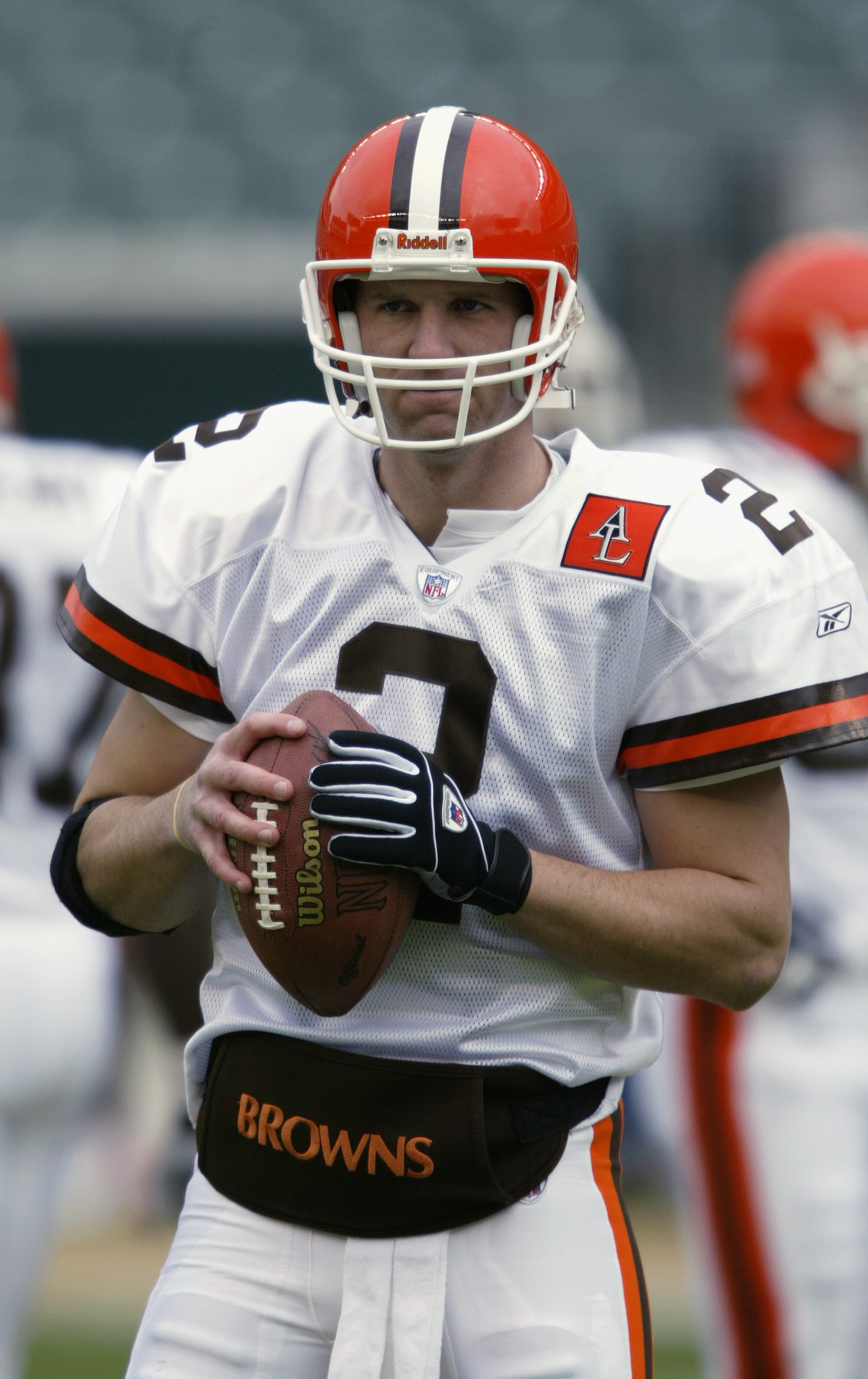 CINCINNATI - NOVEMBER 17:  Quarterback Tim Couch #2 of the Cleveland Browns throws the ball during warm-ups prior to the NFL game against the Cincinnati Bengals at Paul Brown Stadium on November 17, 2002 in Cincinnati, Ohio. The Browns defeated the Bengal