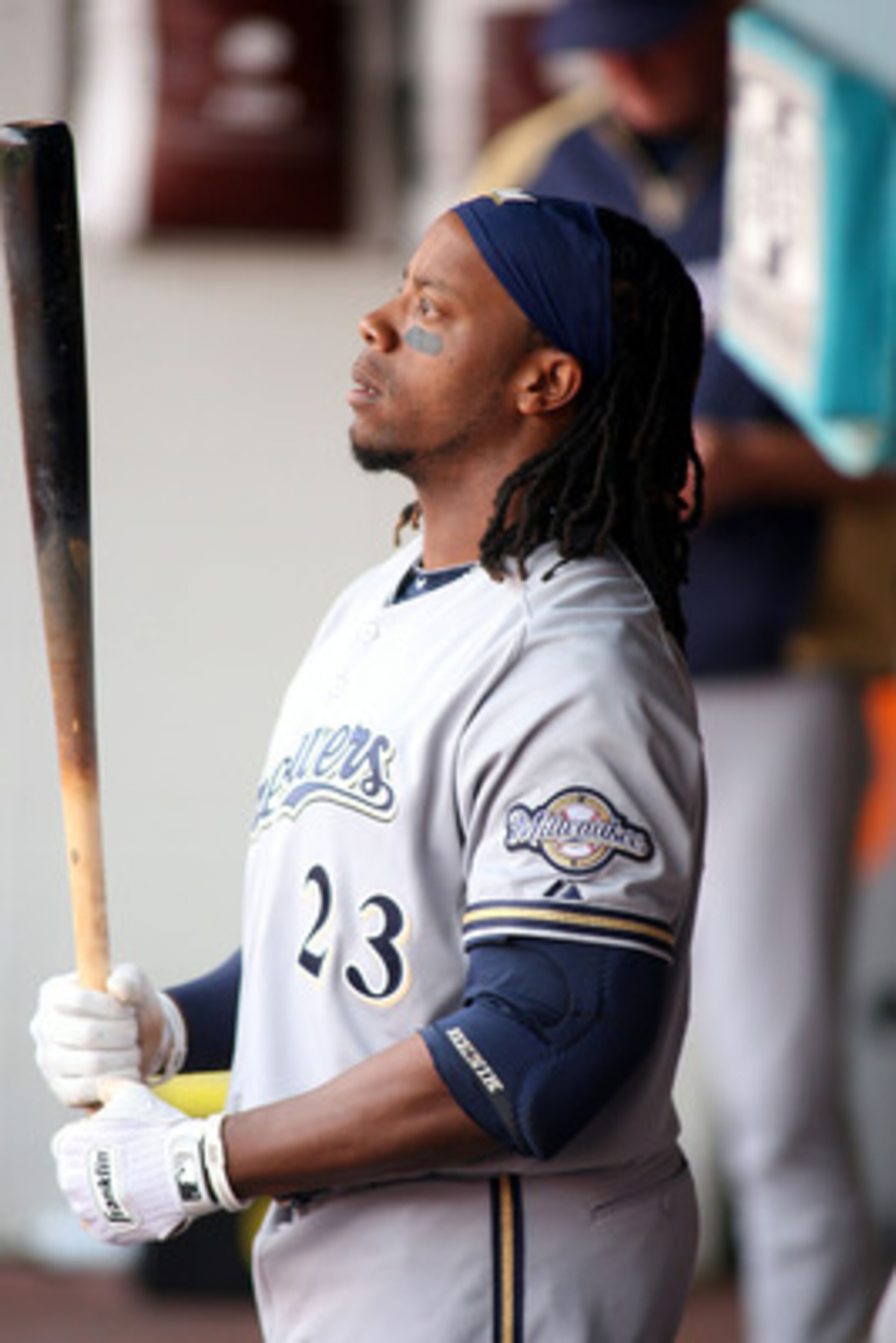 MIAMI GARDENS, FL - JUNE 06:  Rickie Weeks #23 of the Milwaukee Brewers stands on deck against the Florida Marlins at Sun Life Stadium on June 6, 2011 in Miami Gardens, Florida.  (Photo by Marc Serota/Getty Images)