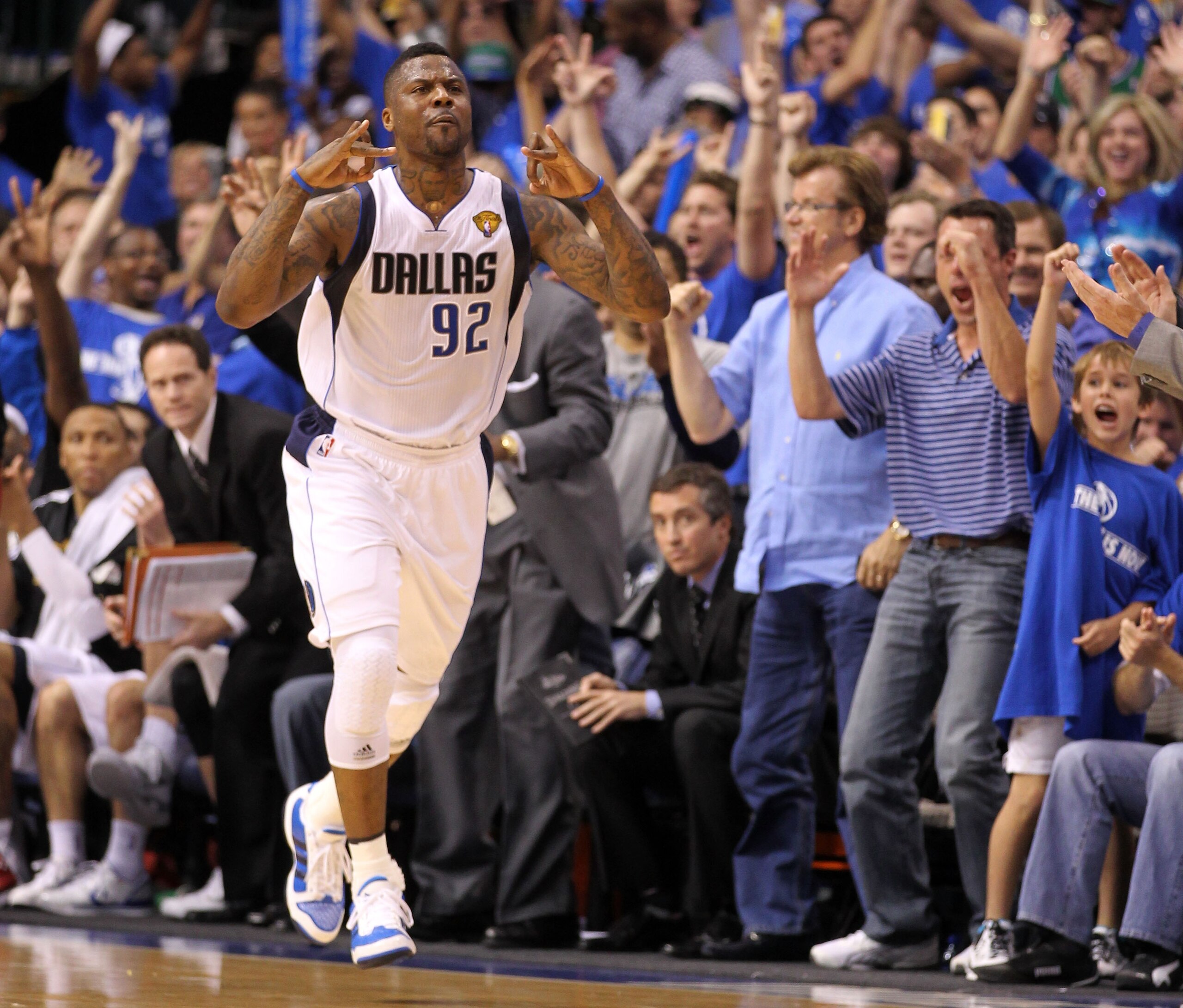 DALLAS, TX - JUNE 07:  DeShawn Stevenson #92 of the Dallas Mavericks reacts after he made a 3-point shot in the first half against the Miami Heat in Game Four of the 2011 NBA Finals at American Airlines Center on June 7, 2011 in Dallas, Texas. NOTE TO USE