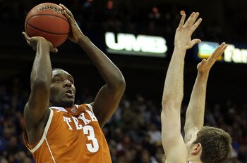 KANSAS CITY, MO - MARCH 12:  Jordan Hamilton #3 of the Texas Longhorns goes up for a shot against Brady Morningstar #12 of the Kansas Jayhawks during the 2011 Phillips 66 Big 12 Men's Basketball Tournament championship game at Sprint Center on March 12, 2