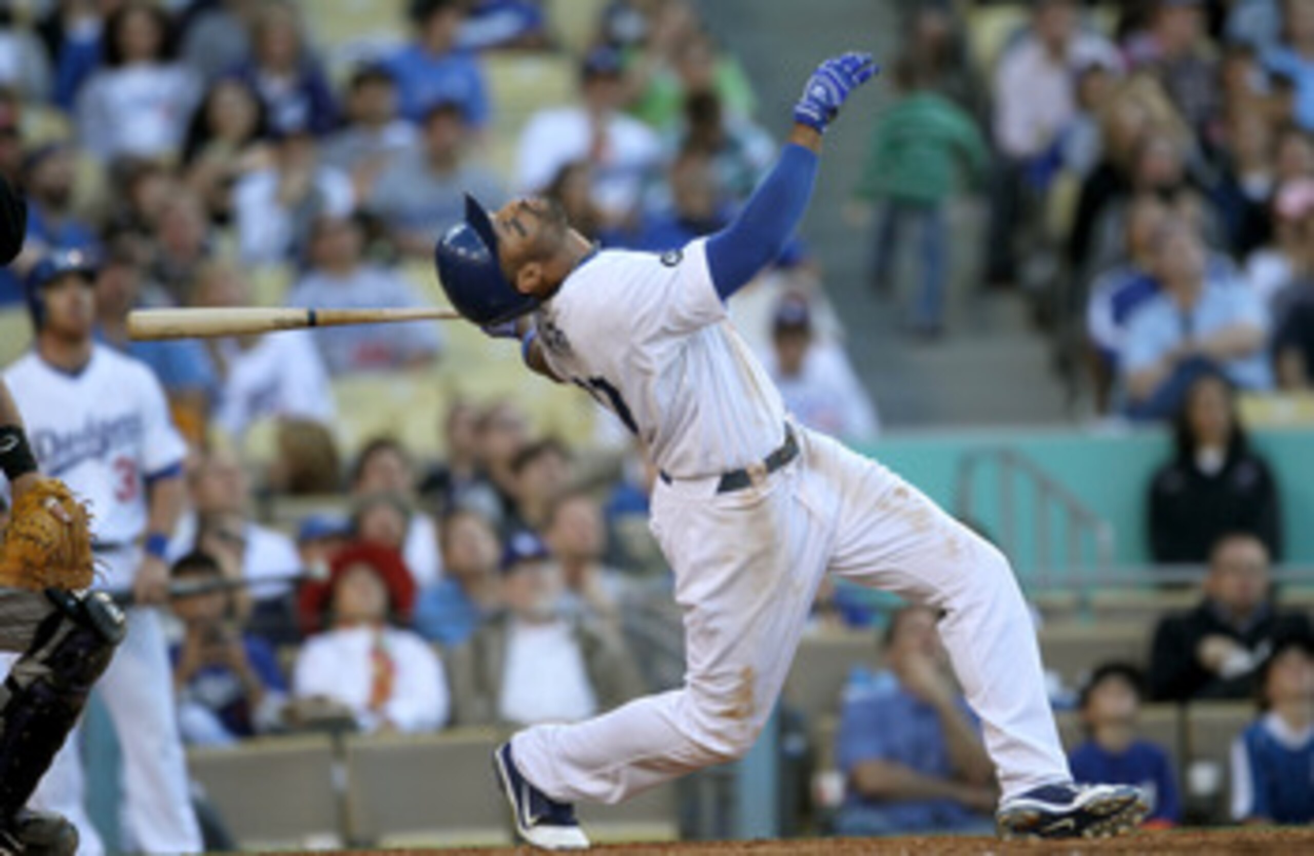LOS ANGELES - MAY 30:   Matt Kemp #27 of the Los Angeles Dodgers watches his high pop up in the game with the Colorado Rockies on May 30, 2011 at Dodger Stadium in Los Angeles, California.  (Photo by Stephen Dunn/Getty Images)