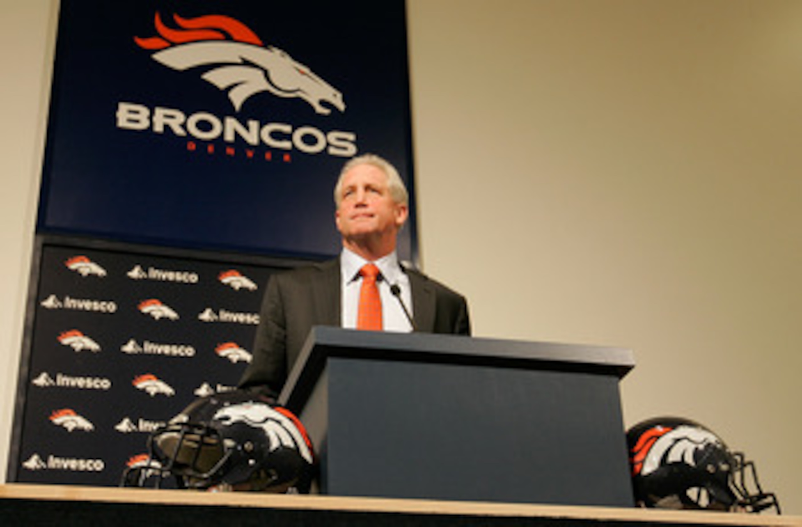 ENGLEWOOD, CO - JANUARY 14:  Denver Broncos head coach John Fox addresses the media at Dove Valley on January 14, 2011 in Englewood, Colorado. Fox was named the 14th head coach in Broncos history yesterday after spending the last nine seasons as head coac