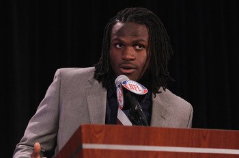 DALLAS, TX - FEBRUARY 02:  Jamaal Charles of the Kansas City Chiefs, speaks with members of the press at the Super Bowl XLV media center after being named FedEx Ground NFL Player of the Year on February 2, 2011 in Dallas, Texas.  (Photo by Ronald Martinez