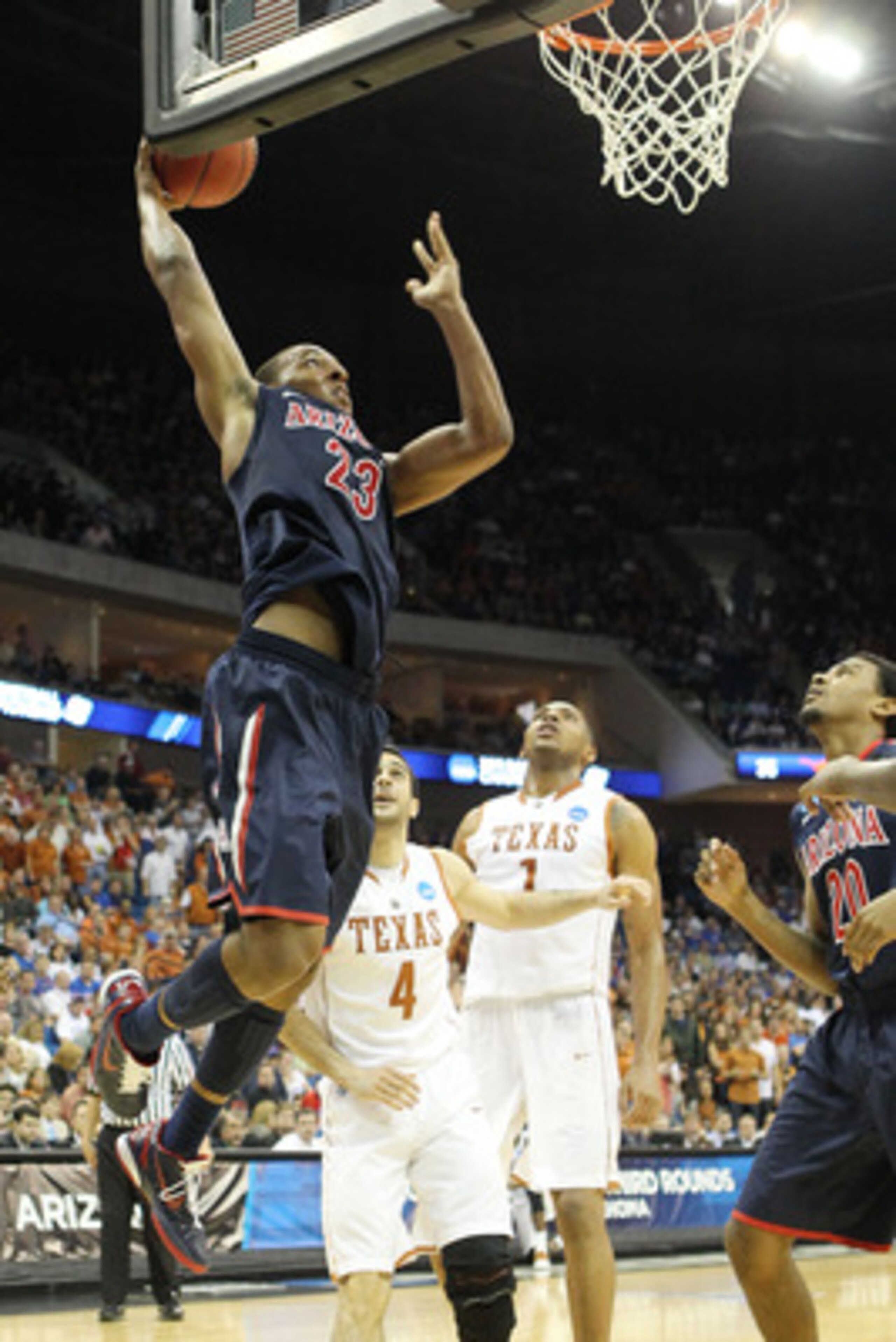 TULSA, OK - MARCH 20:  Derrick Williams #23 of the Arizona Wildcats goes up to dunk the ball against the Texas Longhorns during the third round of the 2011 NCAA men's basketball tournament at BOK Center on March 20, 2011 in Tulsa, Oklahoma.  (Photo by Ron