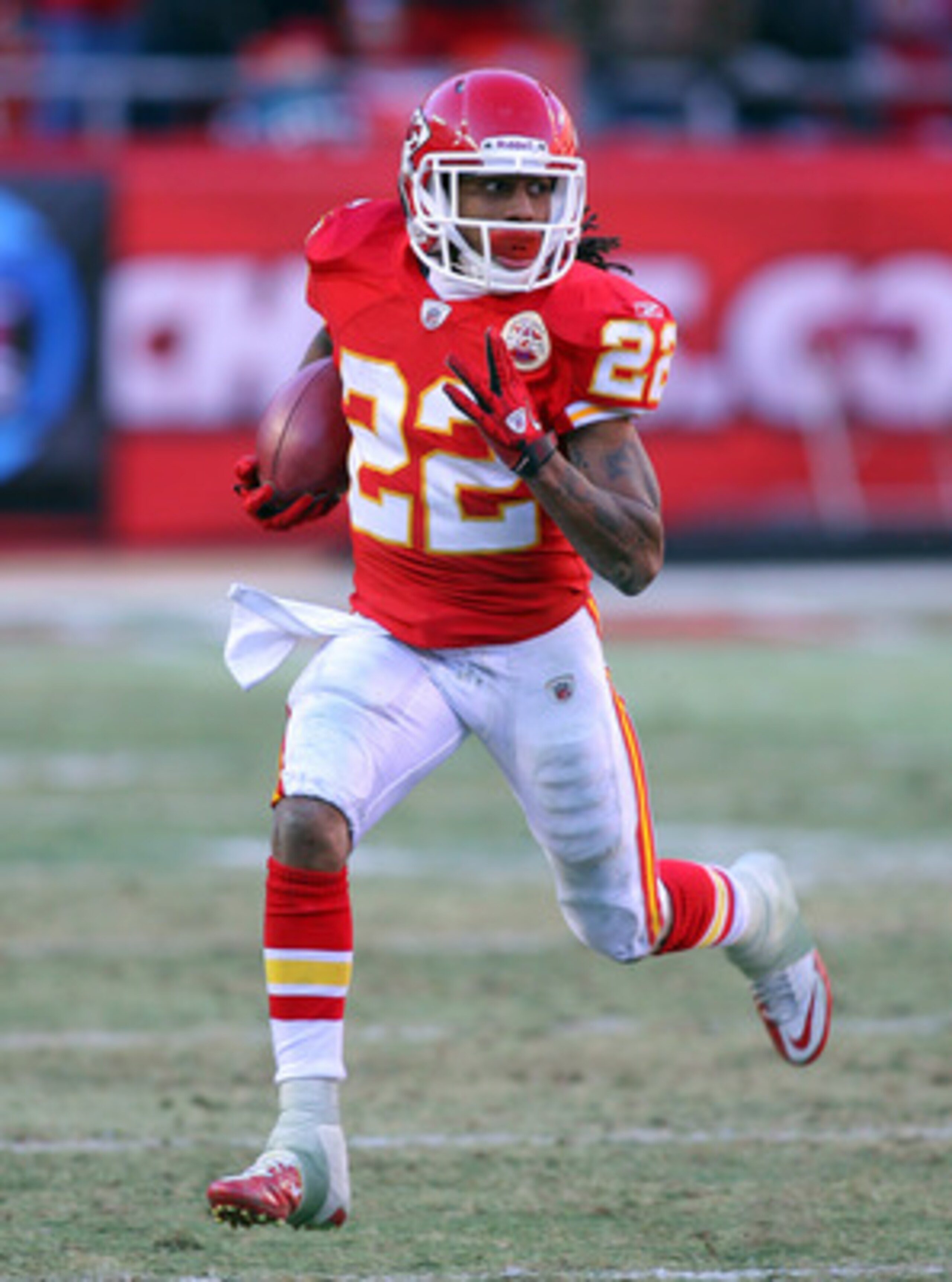 KANSAS CITY, MO - JANUARY 02: Wide receiver Dexter McCluster #22 of the Kansas City Chiefs runs down field in a game against the Oakland Raiders in a game at Arrowhead Stadium on January 2, 2011 in Kansas City, Missouri. (Photo by Tim Umphrey/Getty Imag KANSAS CITY, MO - JANUARY 02: Wide receiver Dexter McCluster #22 of the Kansas City Chiefs runs down field in a game against the Oakland Raiders in a game at Arrowhead Stadium on January 2, 2011 in Kansas City, Missouri. (Photo by Tim Umphrey/Getty Imag