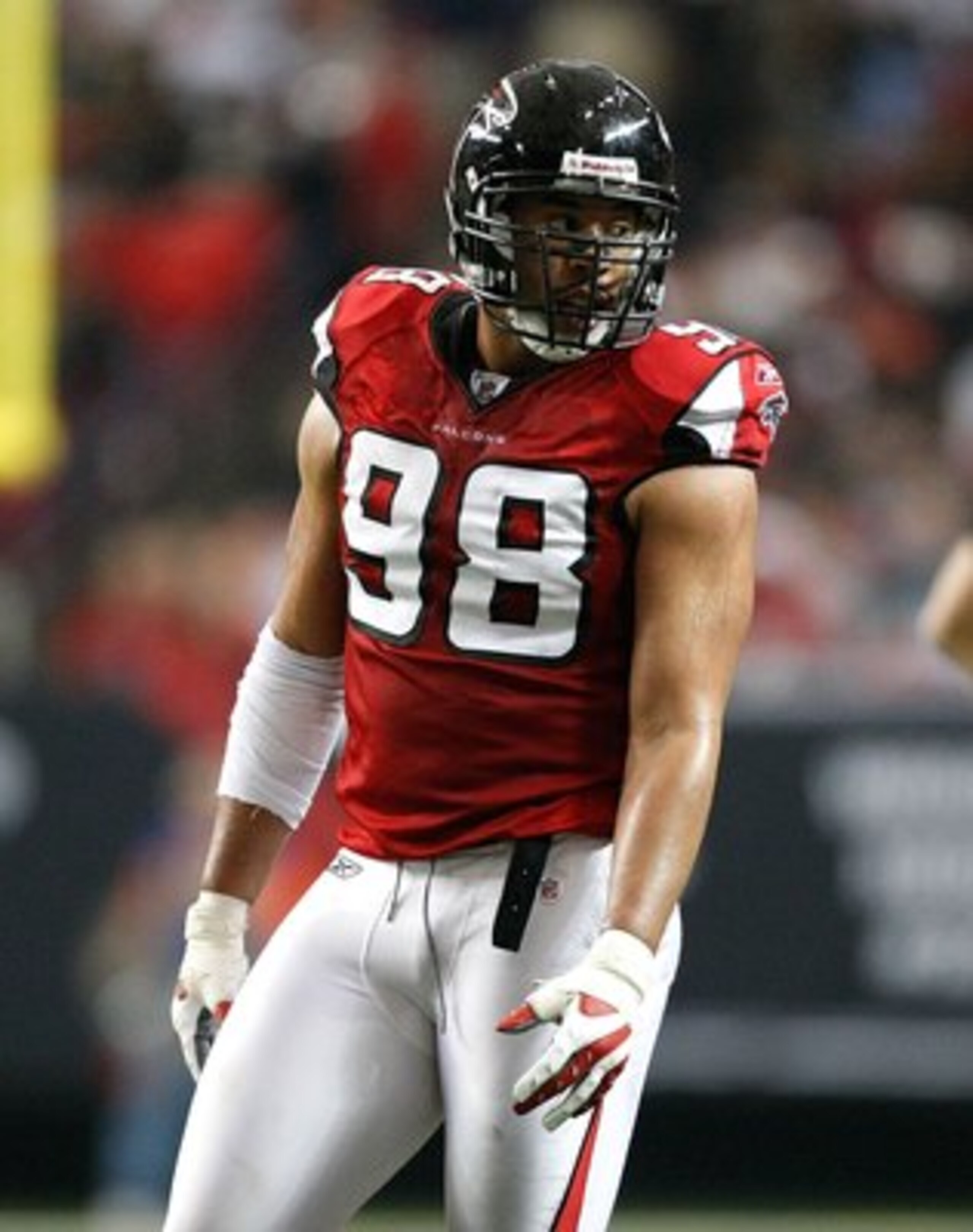 ATLANTA - DECEMBER 13:  Jamaal Anderson #98 of the Atlanta Falcons against the New Orleans Saints at Georgia Dome on December 13, 2009 in Atlanta, Georgia.  (Photo by Kevin C. Cox/Getty Images)