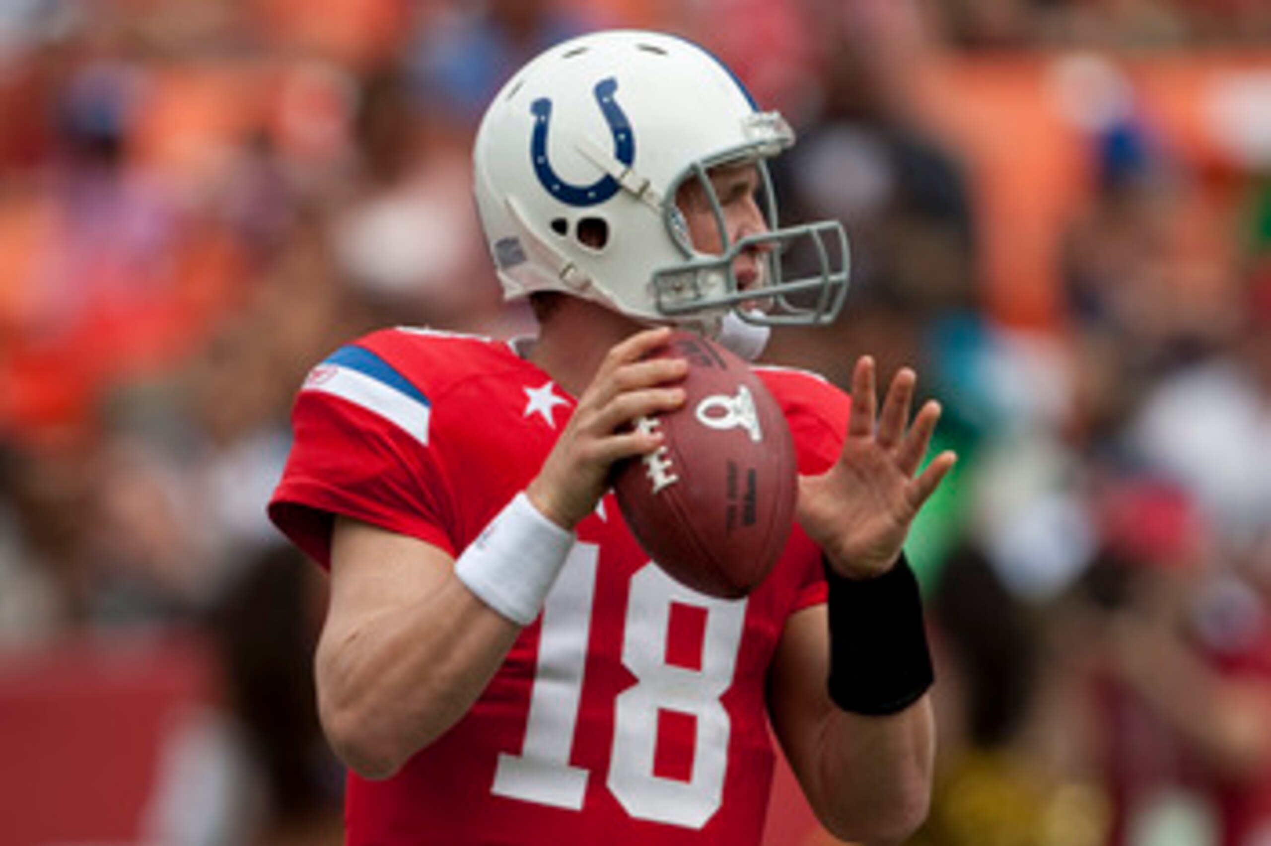 HONOLULU - JANUARY 30:  Peyton Manning, #18 of the Indianapolis Colts, passes against the NFC team during the 2011 NFL Pro Bowl at Aloha Stadium on January 30, 2011 in Honolulu, Hawaii.  (Photo by Kent Nishimura/Getty Images)