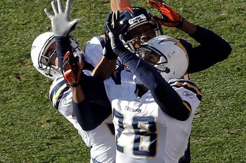 DENVER, CO - JANUARY 2:  Safety Eric Weddle #32 of the San Diego Chargers makes an interception on a pass intended for wide receiver Brandon Lloyd #84 of the Denver Broncos as they battle in the air with safety Steve Gregory #28 during the first quarter a