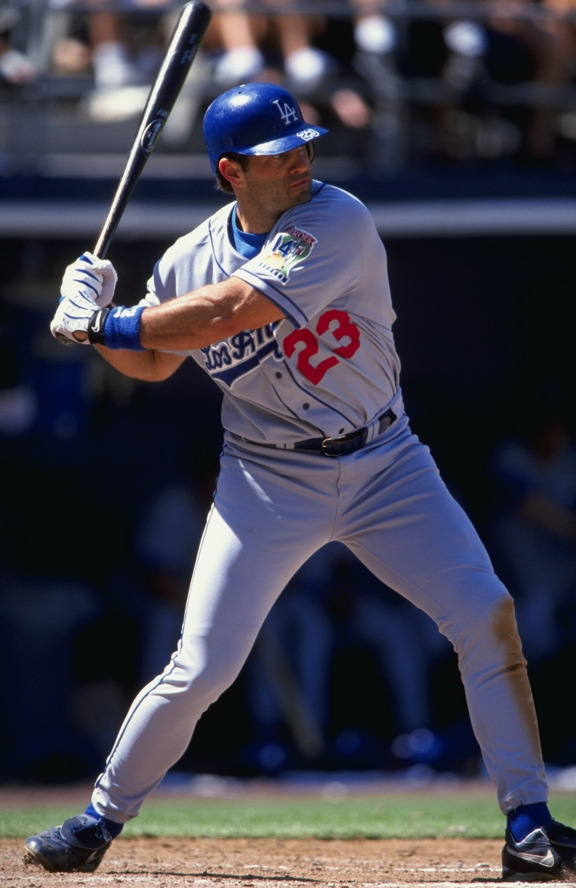 18 Apr 1999:  Eric Karros #23 of the Los Angeles Dodgers swings at the ball during the game against the San Diego Padres at the Qualcomm Stadium in San Diego, California. The Padres defeated the Dodgers 4-3. Mandatory Credit: Todd Warshaw  /Allsport