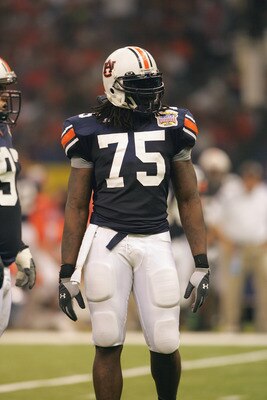 NEW ORLEANS - JANUARY 3:  Defensive end Stanley McClover #75 of the Auburn Tigers looks on against the Virginia Tech Hokies during the Nokia Sugar Bowl on January 3, 2005 at the Superdome in New Orleans, Louisiana.  The No. 3 Tigers completed a perfect se