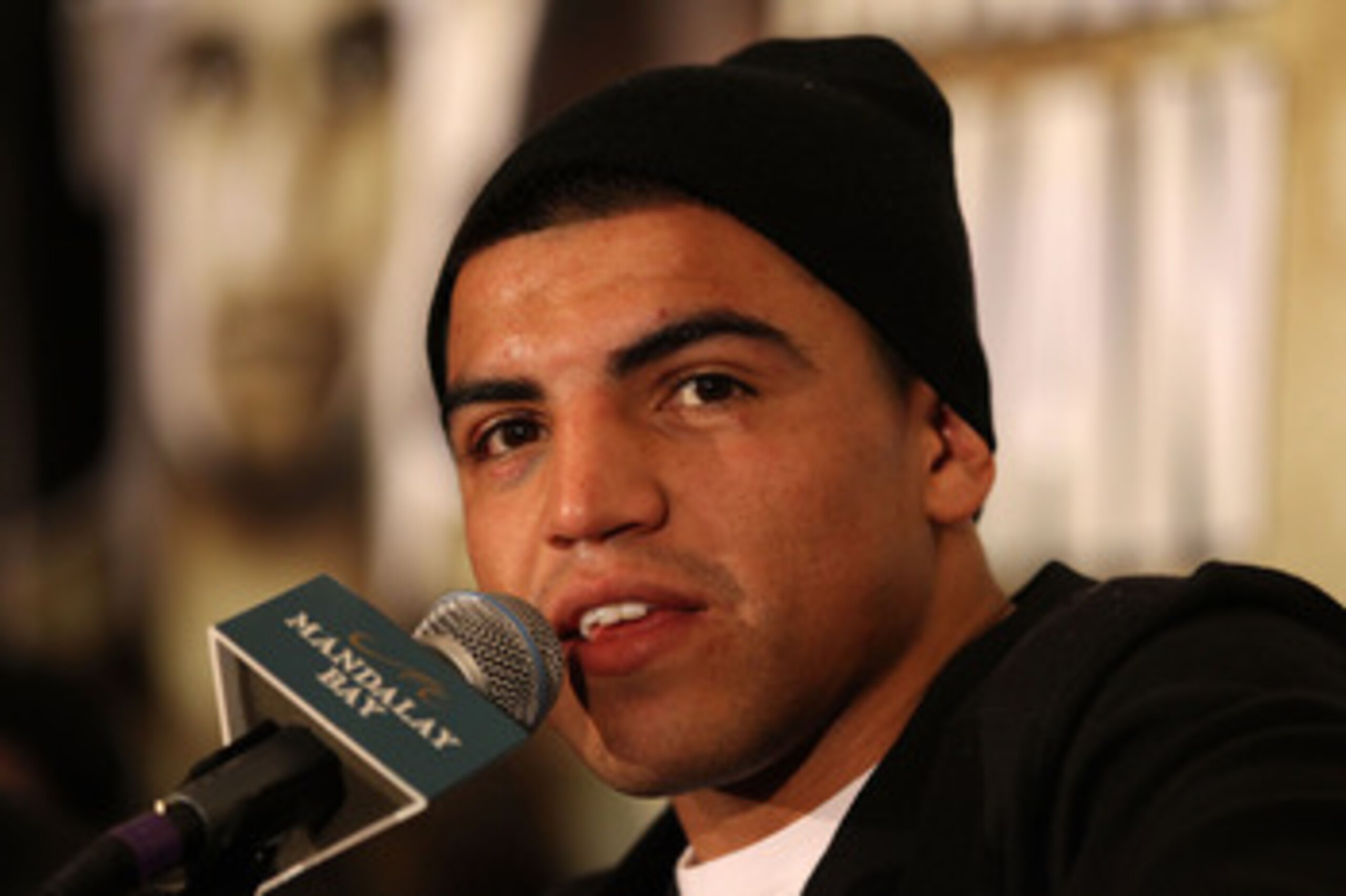 LAS VEGAS - DECEMBER 11:  Victor Ortiz answers questions during the post-fight news conference after his majority decision draw against Lamont Petersen during the super lightweight fight at Mandalay Bay Events Center on December 11, 2010 in Las Vegas, Nev