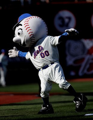 NEW YORK - APRIL 05: Mr. Met dances during the game between the New York Mets and the Florida Marlins during their Opening Day Game at Citi Field on April 5, 2010 in the Flushing neighborhood of the Queens borough of New York City.  (Photo by Nick Laham/G