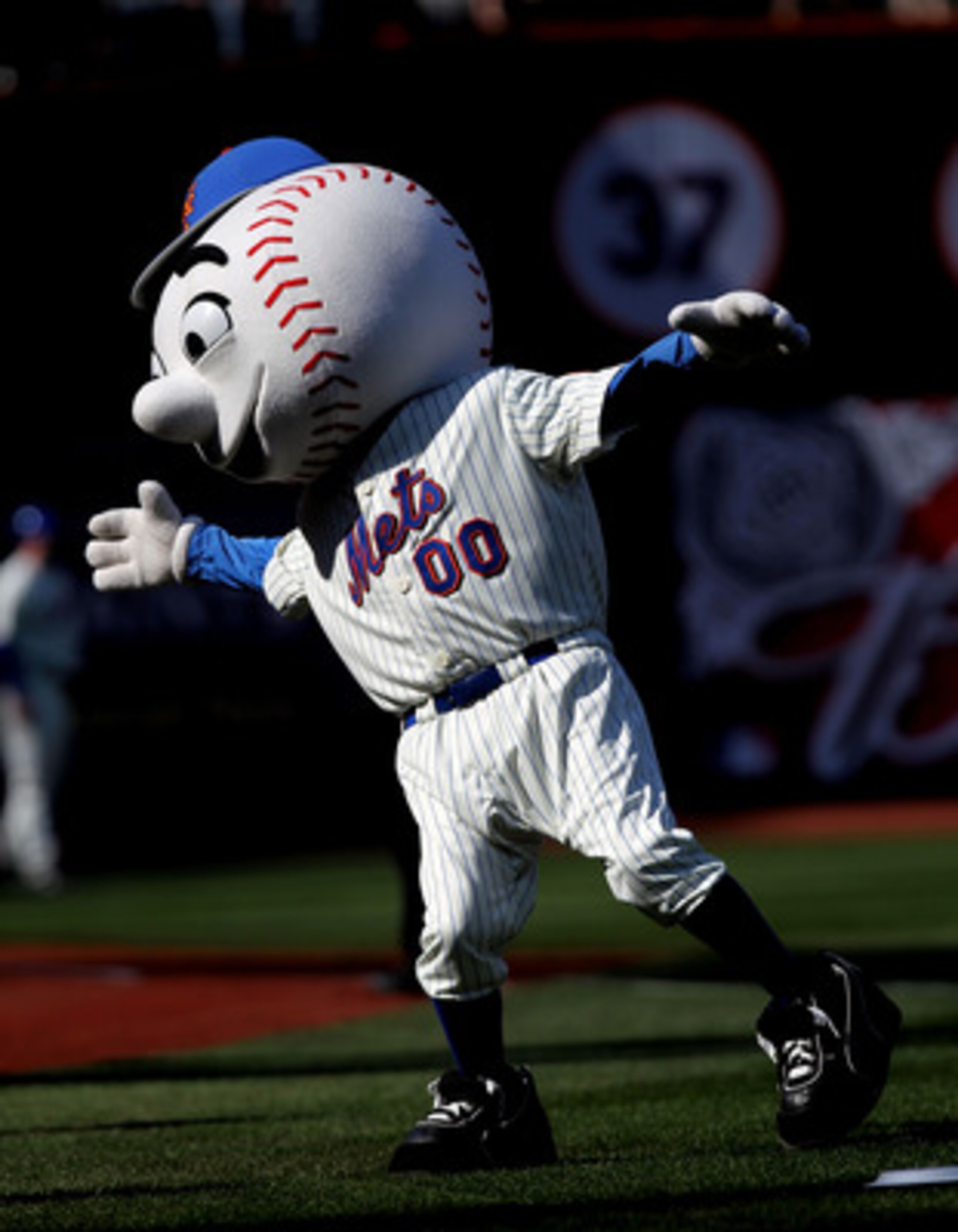 NEW YORK - APRIL 05: Mr. Met dances during the game between the New York Mets and the Florida Marlins during their Opening Day Game at Citi Field on April 5, 2010 in the Flushing neighborhood of the Queens borough of New York City.  (Photo by Nick Laham/G