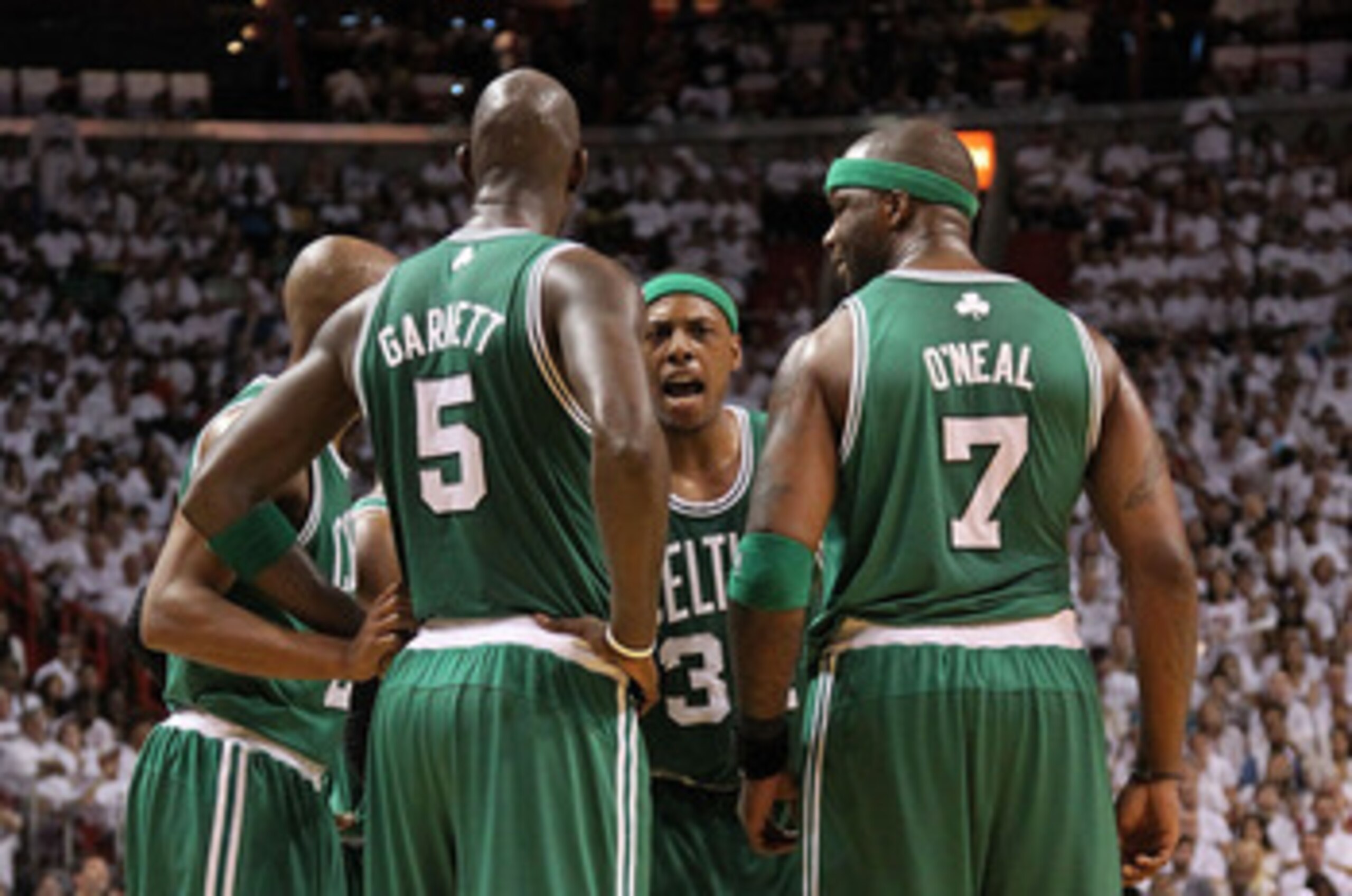 MIAMI, FL - MAY 01: Paul Pierce#34, Jermaine O'neal #7, Ray Allen #20, and Kevin Garnett #5 of the Boston Celtics talk during game one of the Eastern Conference Semifinals of the 2011 NBA Playoffs against the Miami Heat at American Airlines Arena on May MIAMI, FL - MAY 01: Paul Pierce#34, Jermaine O'neal #7, Ray Allen #20, and Kevin Garnett #5 of the Boston Celtics talk during game one of the Eastern Conference Semifinals of the 2011 NBA Playoffs against the Miami Heat at American Airlines Arena on May