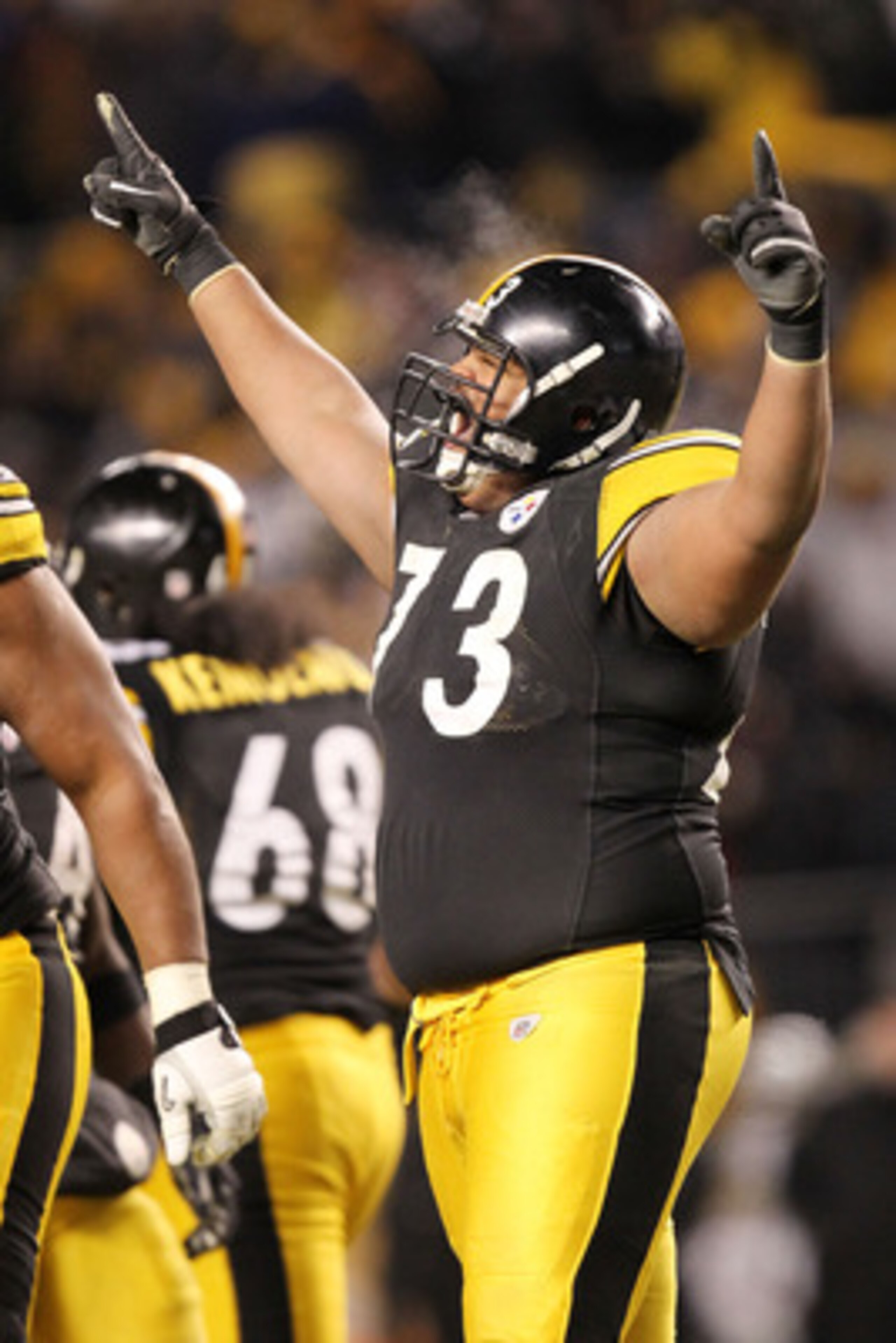 PITTSBURGH, PA - JANUARY 23:  Ramon Foster #73 of the Pittsburgh Steelers celebrates as they defeat the New York Jets 24 to 19 in the 2011 AFC Championship game at Heinz Field on January 23, 2011 in Pittsburgh, Pennsylvania.  (Photo by Ronald Martinez/Get