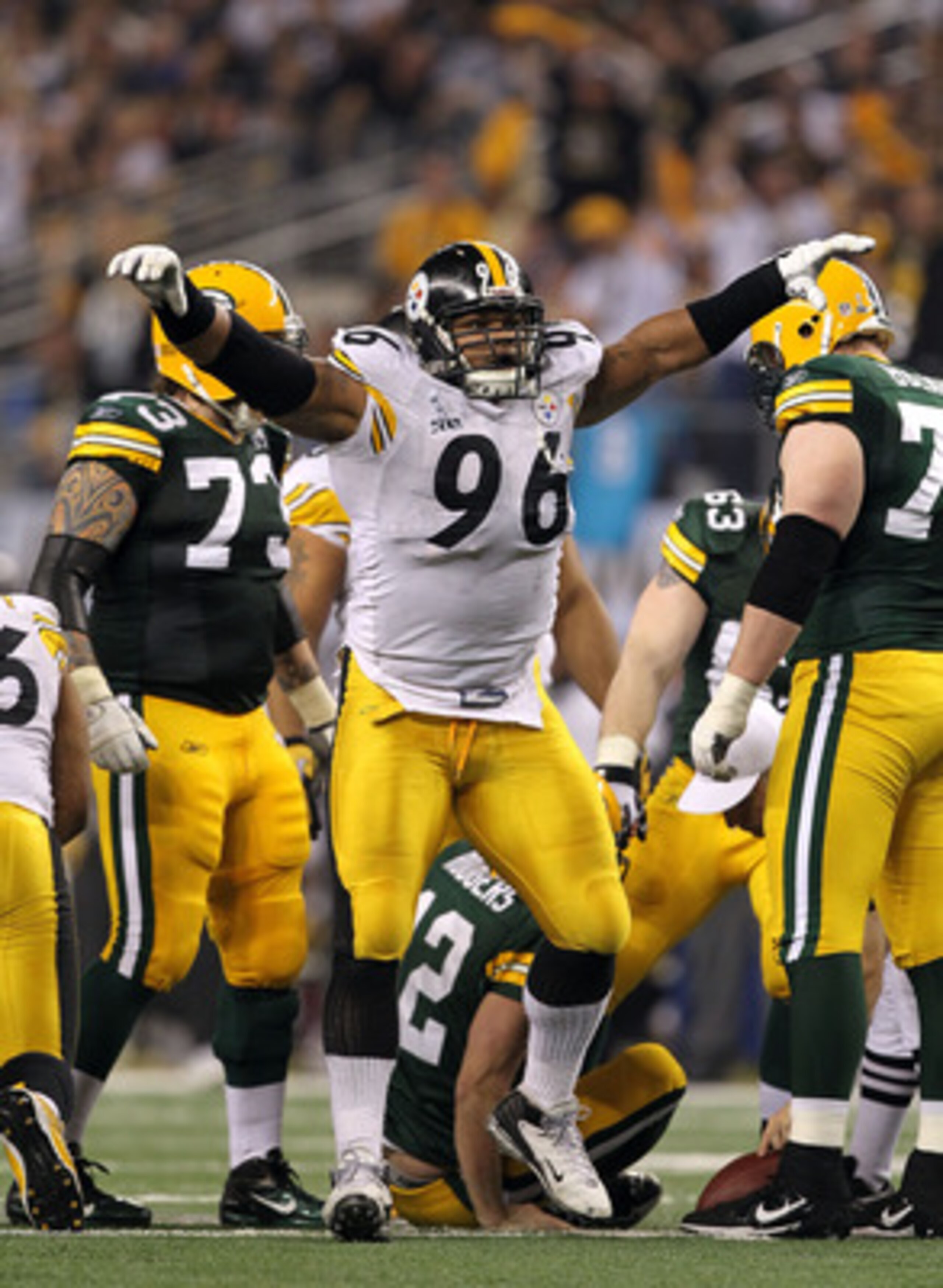 ARLINGTON, TX - FEBRUARY 06:  Ziggy Hood #96 of the Pittsburgh Steelers reacts against the Green Bay Packers during Super Bowl XLV at Cowboys Stadium on February 6, 2011 in Arlington, Texas. The Packers won 31-25.  (Photo by Al Bello/Getty Images)