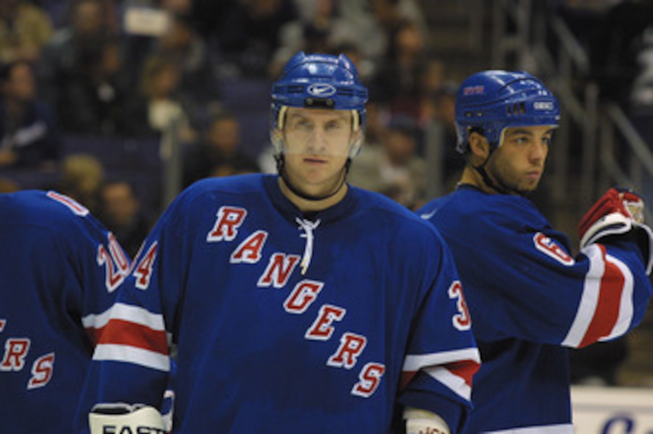 LOS ANGELES - DECEMBER 29: Defenseman Bryan Berard #34 of the New York Rangers looks on against the Los Angeles Kings during the game on December 29, 2001 at Staples Center in Los Angeles, California. The Rangers defeated the Kings 5-4. (Photo by Kelli LOS ANGELES - DECEMBER 29: Defenseman Bryan Berard #34 of the New York Rangers looks on against the Los Angeles Kings during the game on December 29, 2001 at Staples Center in Los Angeles, California. The Rangers defeated the Kings 5-4. (Photo by Kelli