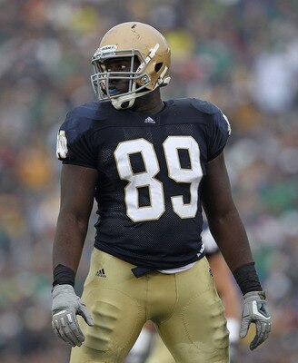 SOUTH BEND, IN - SEPTEMBER 11: Kapron Lewis-Moore #89 of the Notre Dame Fighting Irish looks to bench for instructions against the Michigan Wolverines at Notre Dame Stadium on September 11, 2010 in South Bend, Indiana. Michigan defeated Notre Dame 28-24. 