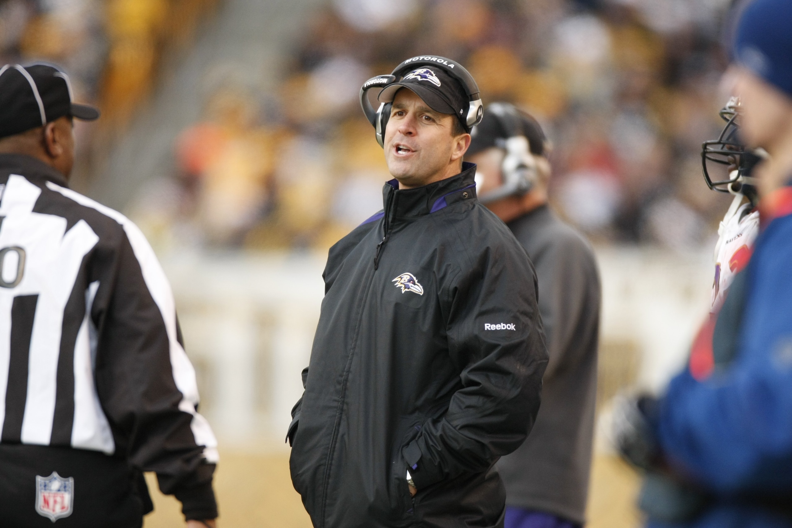 PITTSBURGH - DECEMBER 27:  Head coach John Harbaugh of the Baltimore Ravens looks on during the game against the Pittsburgh Steelers on December 27, 2009 at Heinz Field in Pittsburgh, Pennsylvania. (Photo by Gregory Shamus/Getty Images)
