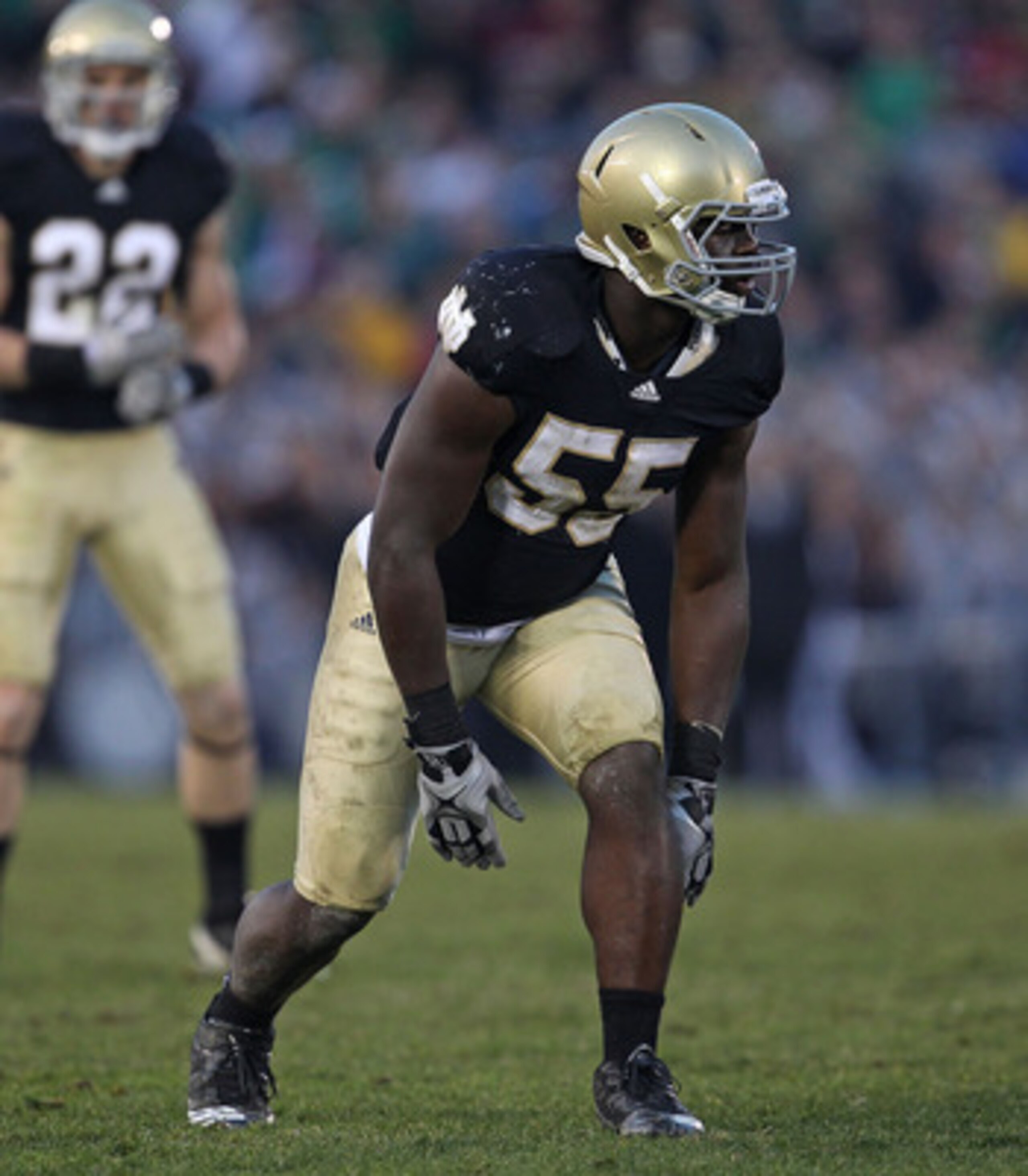 SOUTH BEND, IN - NOVEMBER 13: Prince Shembo #55 of the Notre Dame Fighting Irish awaits the start of play against the Utah Utes at Notre Dame Stadium on November 13, 2010 in South Bend, Indiana. Notre Dame defeated Utah 28-3. (Photo by Jonathan Daniel/Get