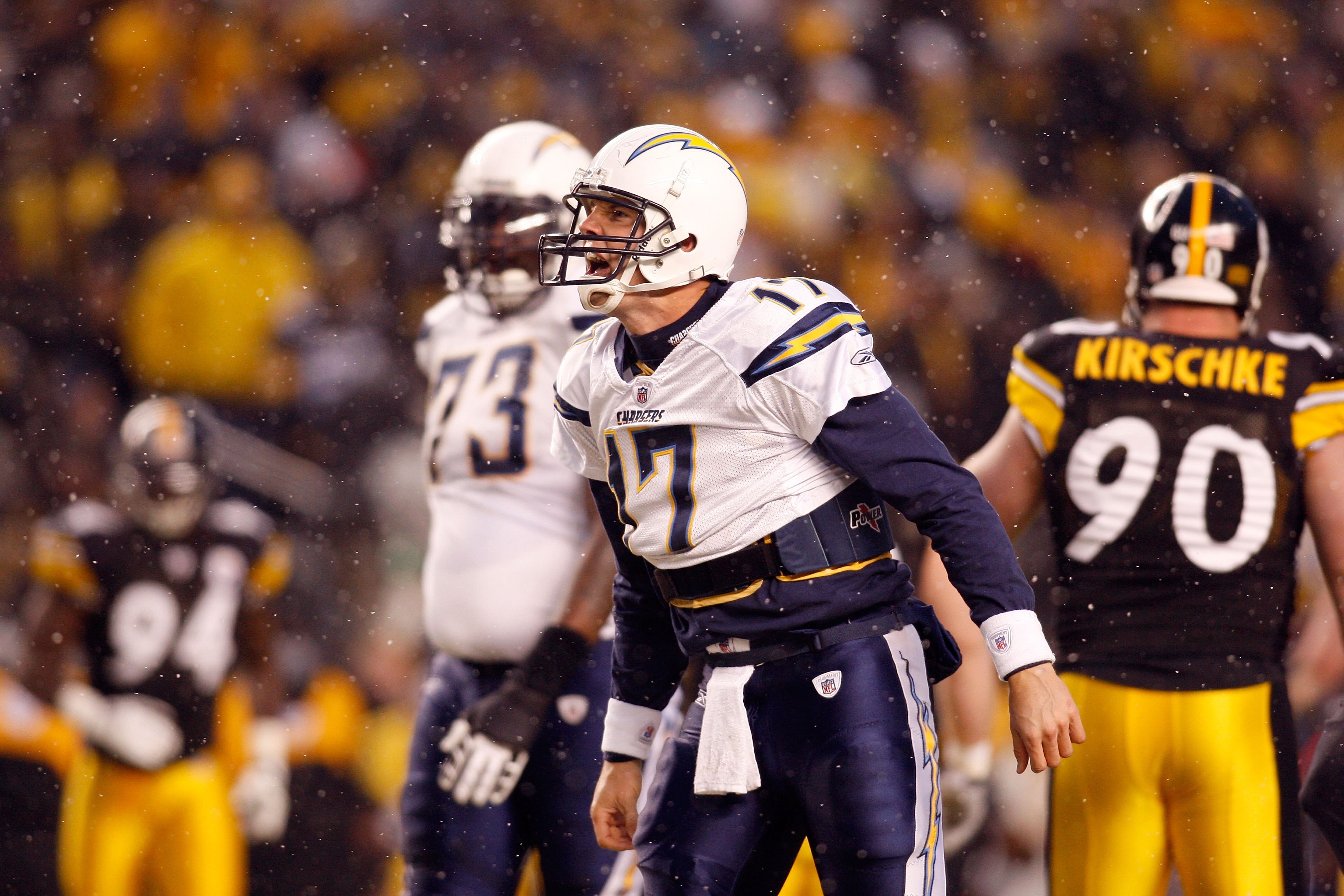 PITTSBURGH - JANUARY 11:  Philip Rivers #17 of the San Diego Chargers yells on the field against the Pittsburgh during their AFC Divisional Playoff Game on January 11, 2009 at Heinz Field in Pittsburgh, Pennsylvania. Steelers won 35-24. (Photo by Chris Gr
