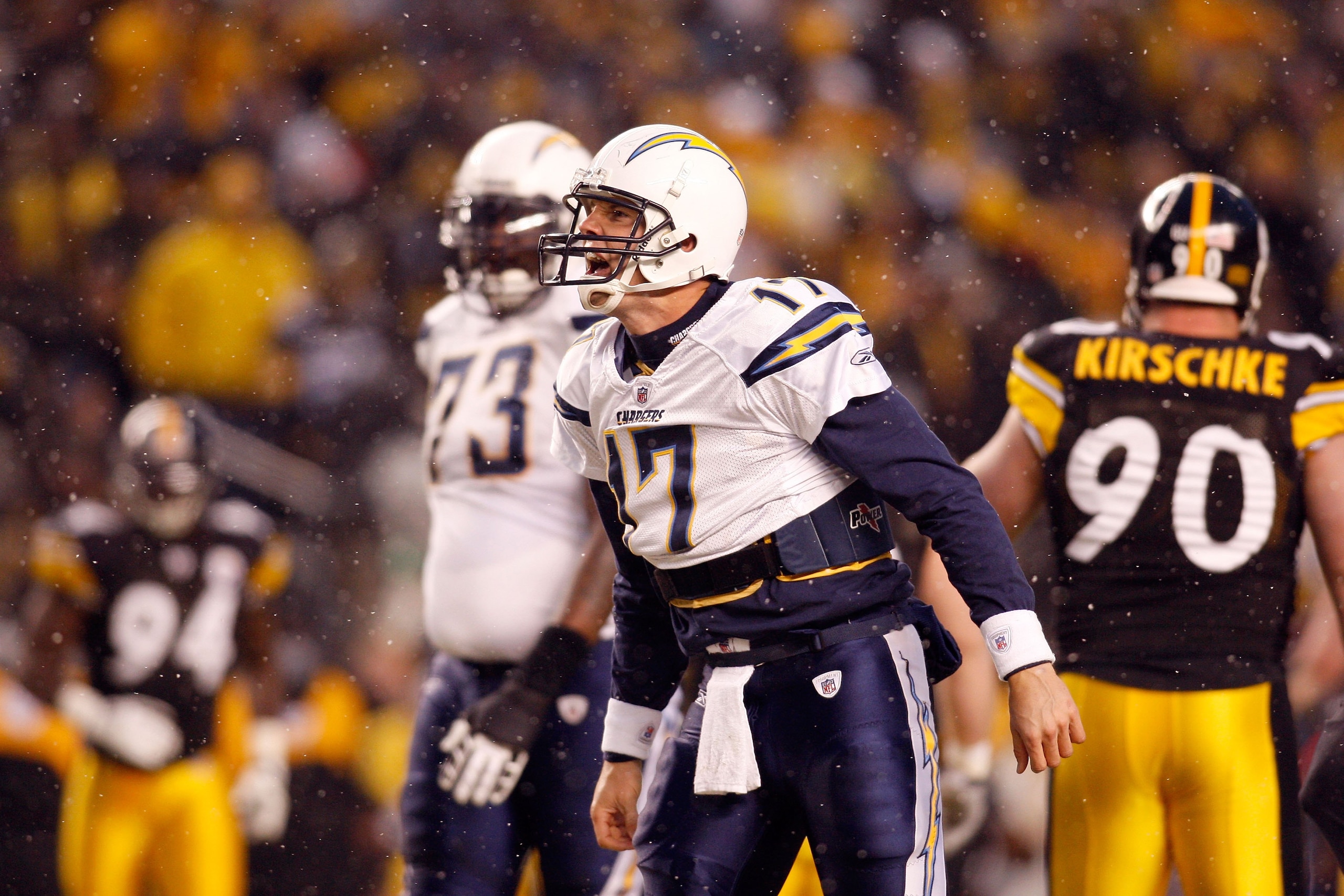 PITTSBURGH - JANUARY 11:  Philip Rivers #17 of the San Diego Chargers yells on the field against the Pittsburgh during their AFC Divisional Playoff Game on January 11, 2009 at Heinz Field in Pittsburgh, Pennsylvania. Steelers won 35-24. (Photo by Chris Gr