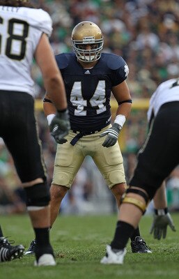 SOUTH BEND, IN - SEPTEMBER 04: Carlo Calabrese #44 of the Notre Dame Fighting Irish awaits the start of play against the Purdue Boilermakers at Notre Dame Stadium on September 4, 2010 in South Bend, Indiana. Notre Dame defeated Purdue 23-12. (Photo by Jon