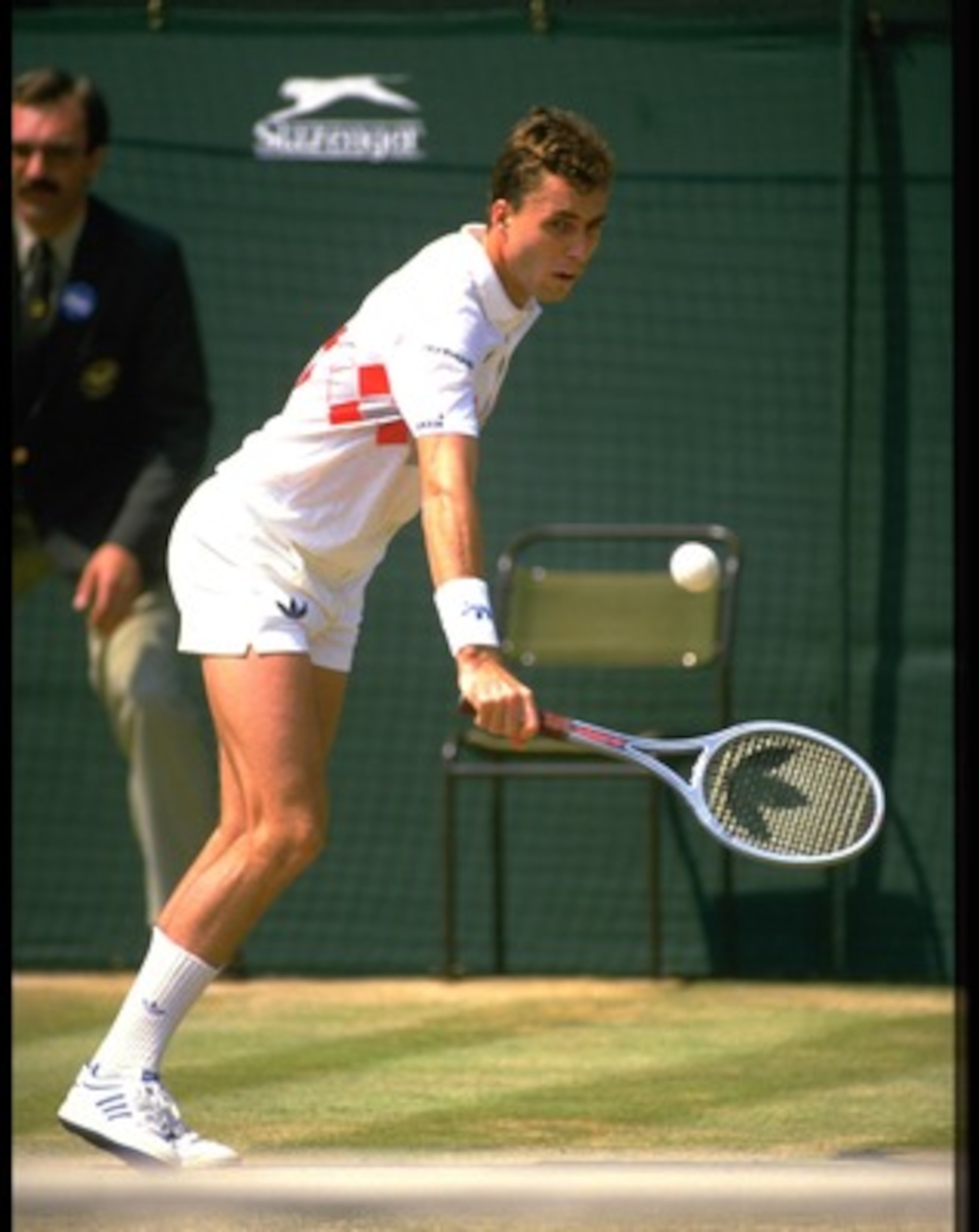 JUN 1984:  IVAN LENDL OF CZECHOSLOVAKIA HITS A BACKHAND DURING THE WIMBLEDON MENS SINGLES.