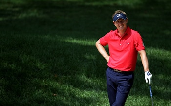 BETHESDA, MD - JUNE 14:   Luke Donald of England waits to play a bunker shot on the practice ground during a practice round prior to the start of the 111th U.S. Open at Congressional Country Club on June 14, 2011 in Bethesda, Maryland.  (Photo by Ross Kin