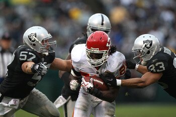 OAKLAND, CA - NOVEMBER 07:  Jamaal Charles #25 of the Kansas City Chiefs runs against Tyvon Branch #33 and Ricky Brown #57 of the Oakland Raiders during an NFL game at Oakland-Alameda County Coliseum on November 7, 2010 in Oakland, California.  (Photo by