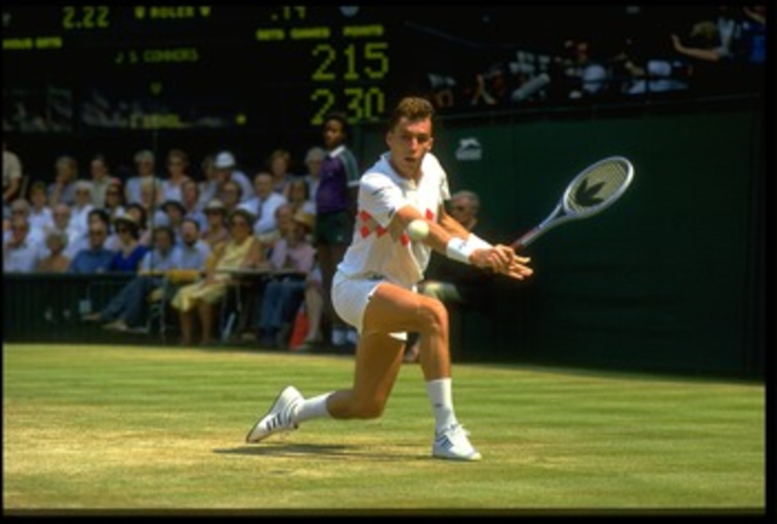 JUL 1984:  IVAN LENDL OF CZECHOSLOVAKIA PLAYS A BACKHAND SHOT DURING HIS SEMI-FINAL MATCH AGAINST JIMMY CONNORS OF THE UNITED STATES AT THE 1984 WIMBLEDON TENNIS CHAMPIONSHIPS. CONNORS WON THE MATCH 6-7, 6-3, 7-5, 6-1.