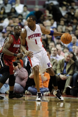 AUBURN HILLS, MI - FEBRUARY 11:  Tracy McGrady #1 of the Detroit Pistons controls the ball while playing the Miami Heat at The Palace of Auburn Hills on February 11, 2011 in Auburn Hills, Michigan.  (Photo by Gregory Shamus/Getty Images)