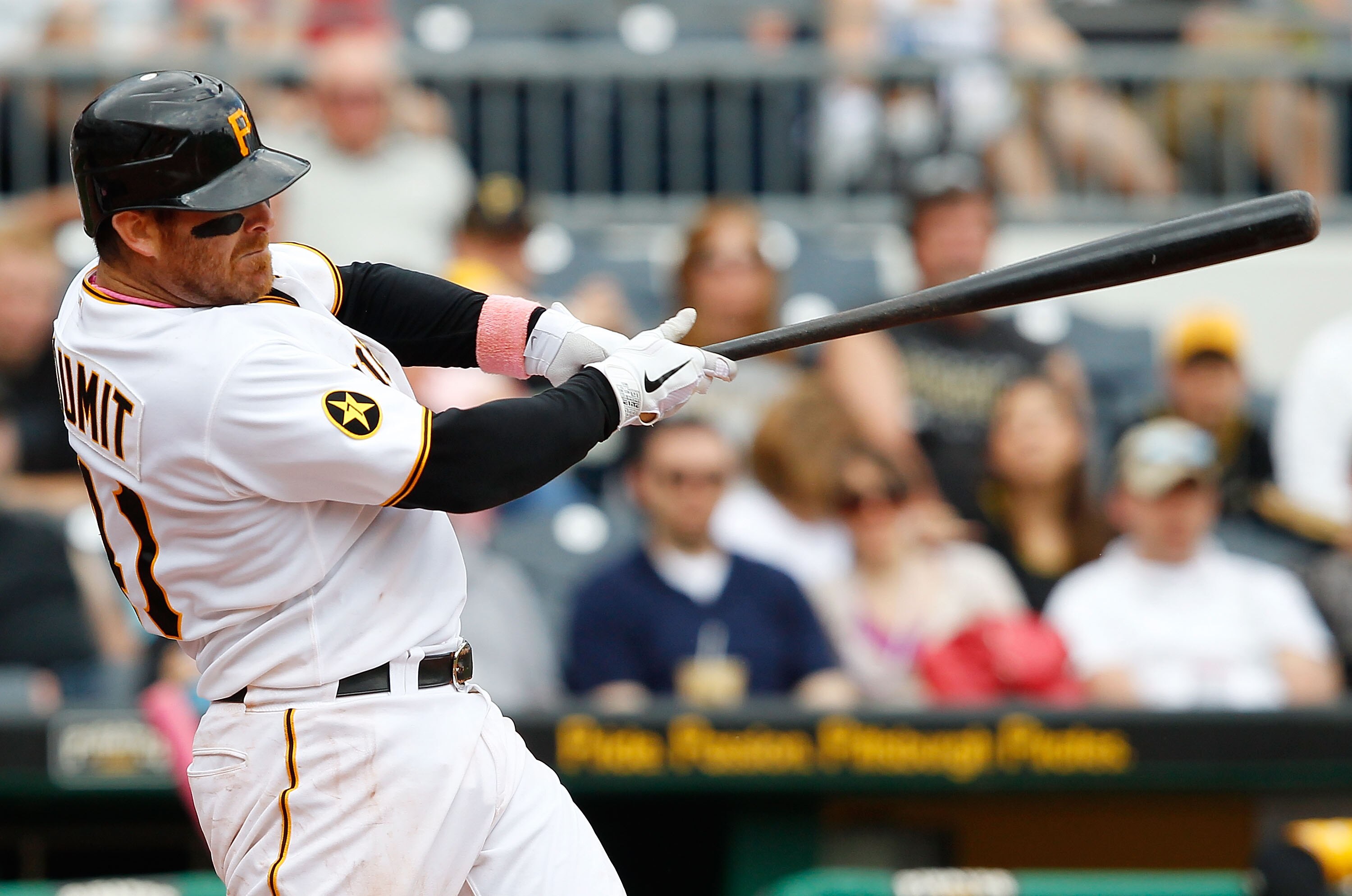 PITTSBURGH - MAY 08:  Ryan Doumit #41 of the Pittsburgh Pirates hits a three run home run against the Houston Astros during the game on May 8, 2011 at PNC Park in Pittsburgh, Pennsylvania.  (Photo by Jared Wickerham/Getty Images)