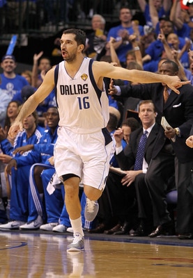 DALLAS, TX - JUNE 05:  Peja Stojakovic #16 of the Dallas Mavericks gestures as he runs up court against the Miami Heat in Game Three of the 2011 NBA Finals at American Airlines Center on June 5, 2011 in Dallas, Texas.  NOTE TO USER: User expressly acknowl