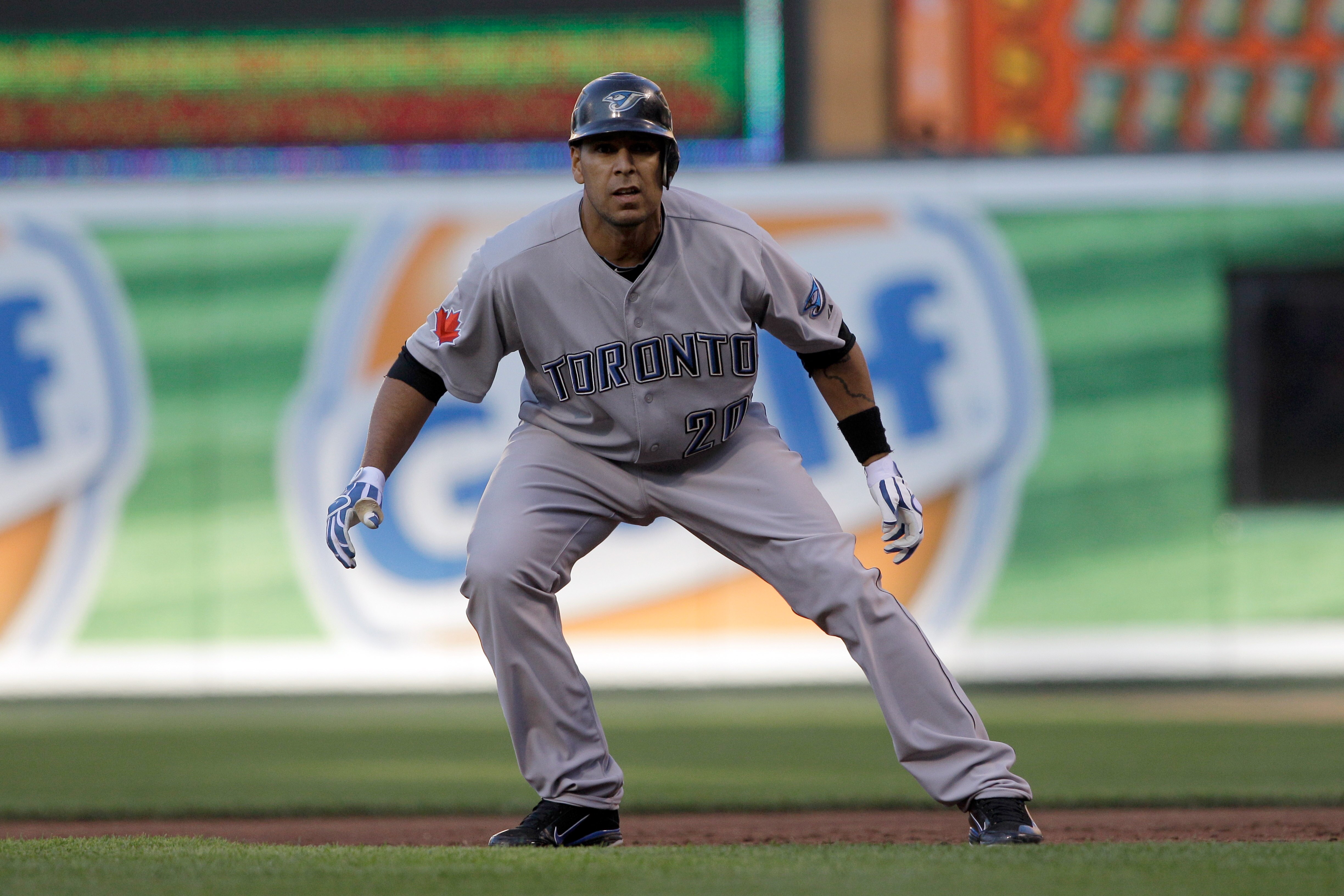 BALTIMORE, MD - JUNE 03: Juan Rivera #20 of the Toronto Blue Jays leads off against the Baltimore Orioles at Oriole Park at Camden Yards on June 3, 2011 in Baltimore, Maryland.  The Blue Jays won 8-4. (Photo by Rob Carr/Getty Images)