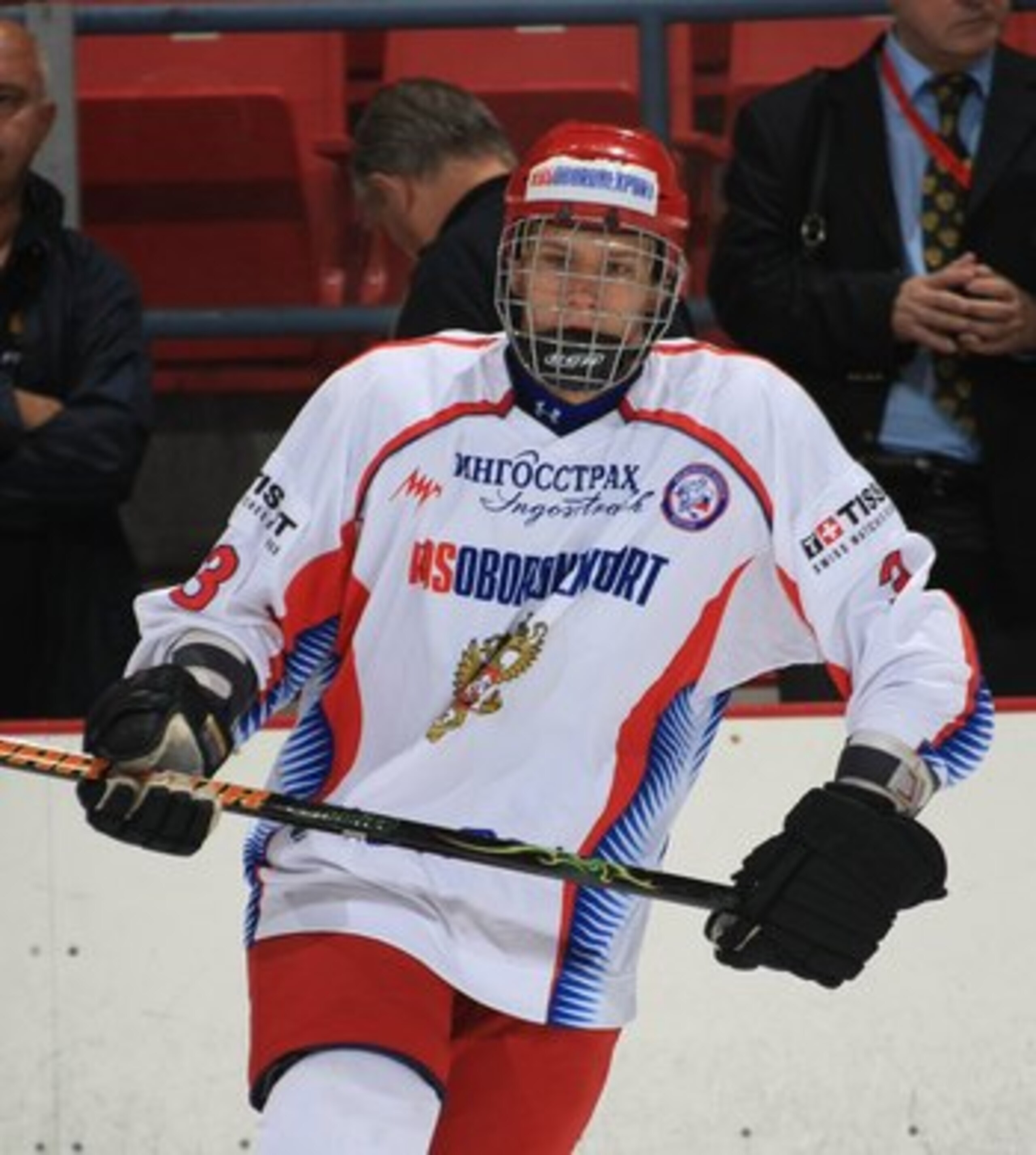 LAKE PLACID, NY - AUGUST 14: Nikita Zaytsev #3 of Team Russia skates against Team USA at the 1980 Rink Herb Brooks Arena on August 14, 2009 in Lake Placid, New York.  (Photo by Bruce Bennett/Getty Images)