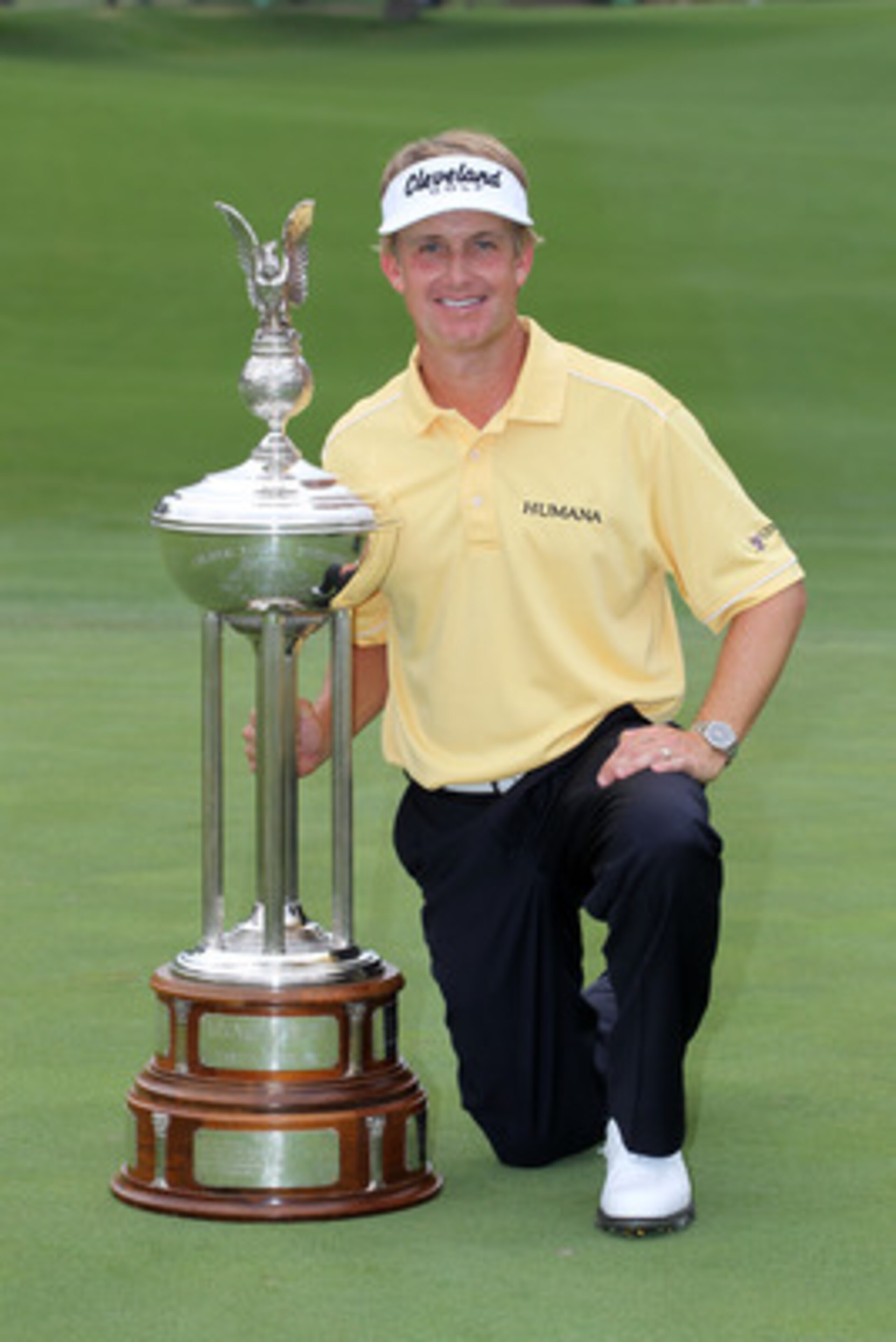FORT WORTH, TX - MAY 22: David Toms poses with the championship trophy after winning the Crowne Plaza Invitational at Colonial Country Club on May 22, 2011 in Fort Worth, Texas. (Photo by Hunter Martin/Getty Images)