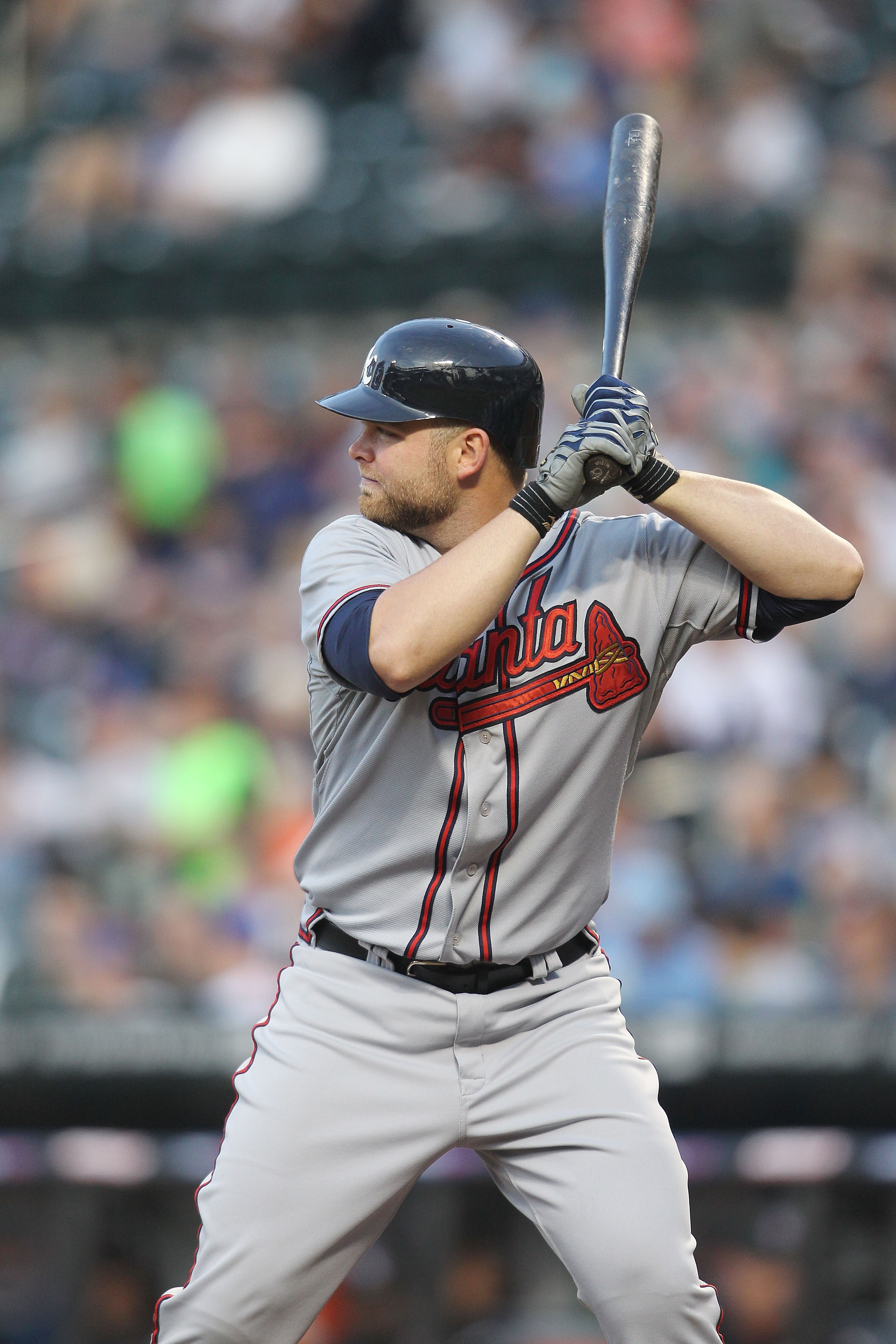 NEW YORK, NY - JUNE 03:  Brian McCann #16 of the Atlanta Braves at bat against the New York Mets at Citi Field on June 3, 2011 in the Flushing neighborhood of the Queens borough of New York City.  (Photo by Nick Laham/Getty Images)