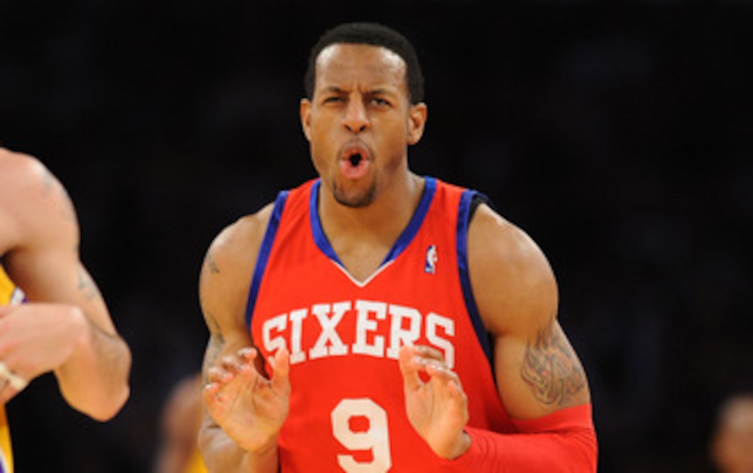 LOS ANGELES - FEBRUARY 26:  Andre Igoudala #9 of the Philadelphia 76ers reacts during a game against the Los Angeles Lakers at Staples Center on February 26, 2010 in Los Angeles, California. NOTE TO USER: User expressly acknowledges and agrees that, by do
